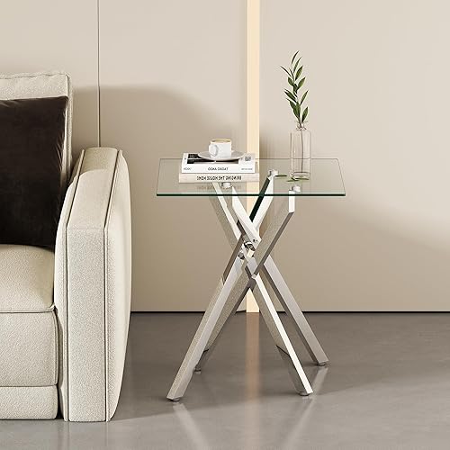 Miniatura 4 de Goujxcy Mesa auxiliar pequeña de vidrio con patas de metal plateado, moderna mesa auxiliar cuadrada de vidrio templado transparente con diseño