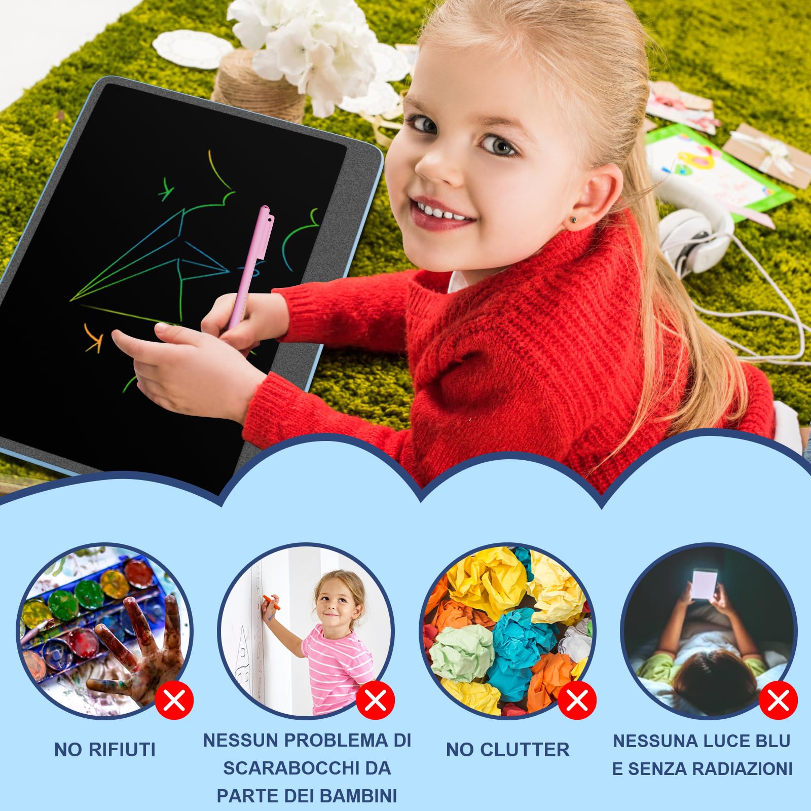 Tavoletta Grafica LCD 16 Pollici Per Bambini - Scrittura E Disegno Cancellabile, Riutilizzabile