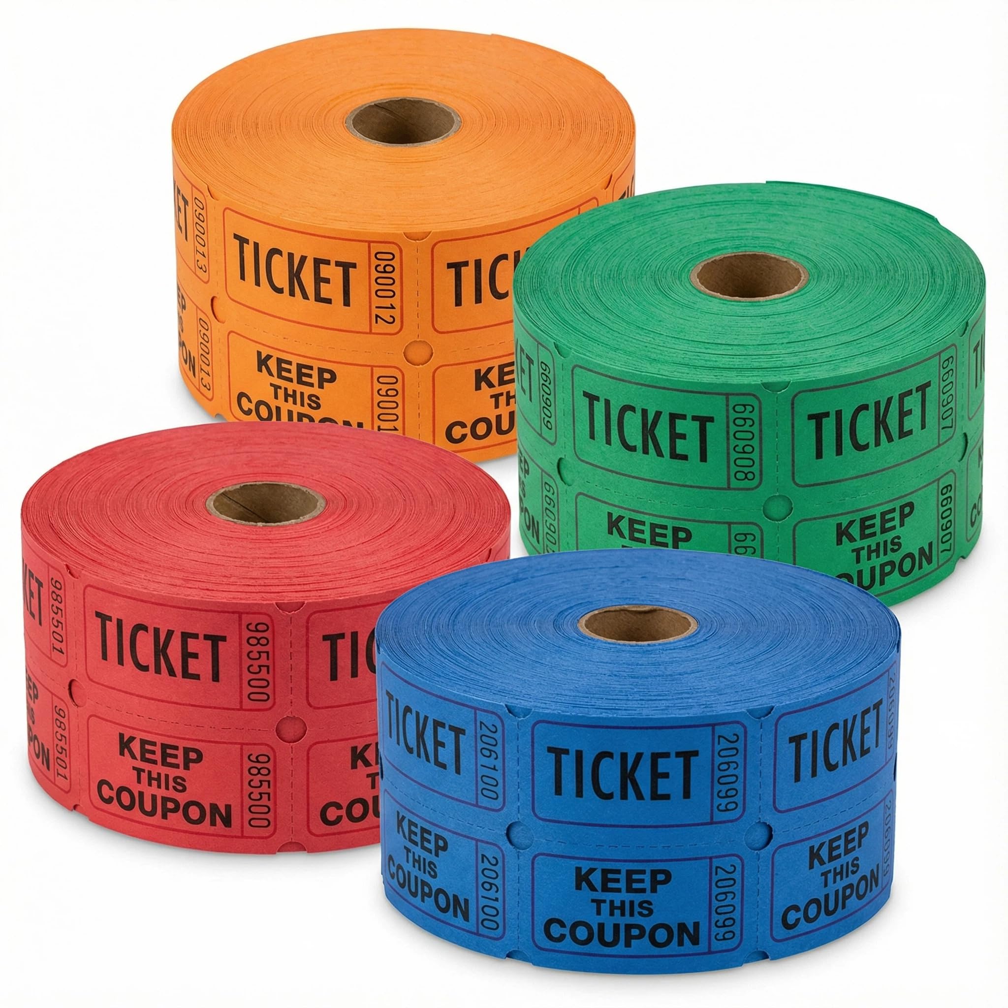 Lot de 4 rouleaux de tickets tombola doubles - 4000 billets numérotés (rouge, orange, vert, bleu) - Verso inscriptible - Billets d'entrée détachables pour événements, fêtes, collectes de