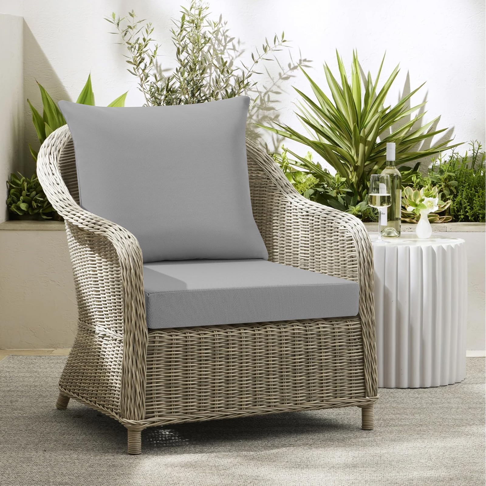 Cojín para silla de jardín al aire libre con respaldo, 7 cm de grosor, impermeable, con funda extraíble, cojín para muebles de patio con lazos para sofá y sillas, 50 x 50 cm, gris