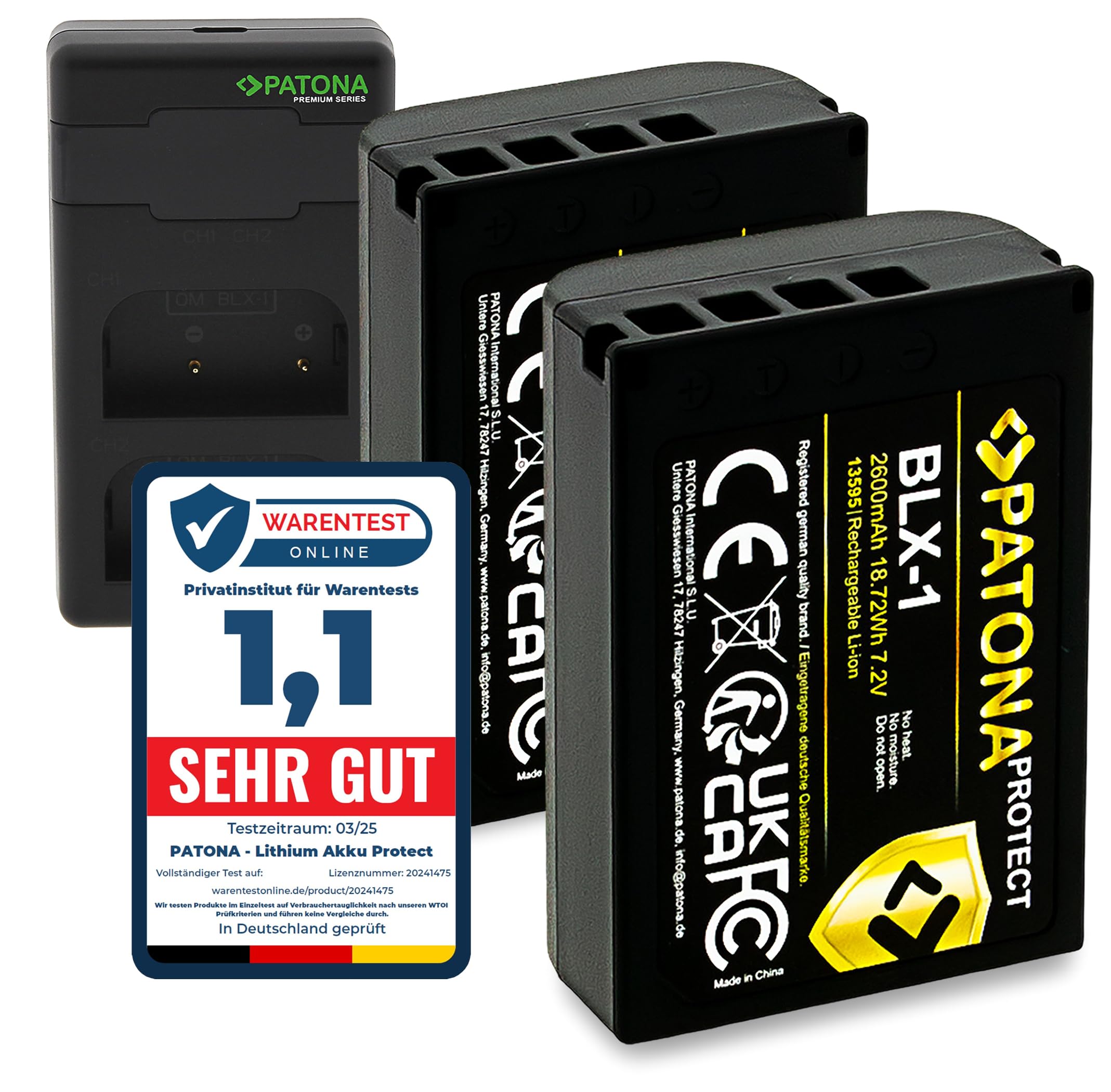 PATONA 2X Protect BLX-1 Akku 2600mAh + USB-C PD Dual-Ladegerät – Ersatz für Olympus BLX-1 – kompatibel mit OM System OM-1 OM-1 Mark II OM-3 – feuerhemmend mit NTC-Sensor