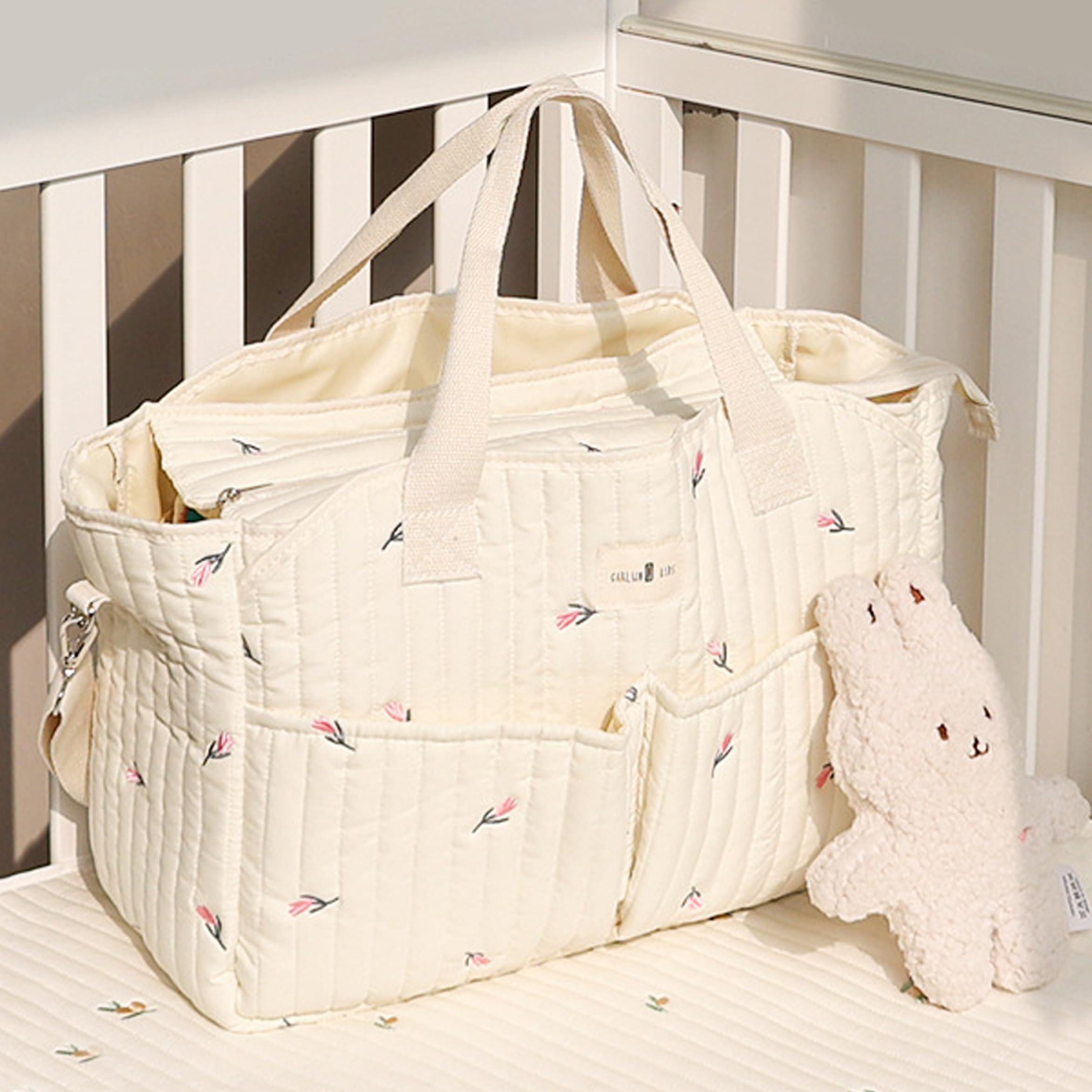Gesteppte Babytasche, große Wickeltasche für unterwegs, vielseitige Schultertasche, 42 x 28 x 16 cm