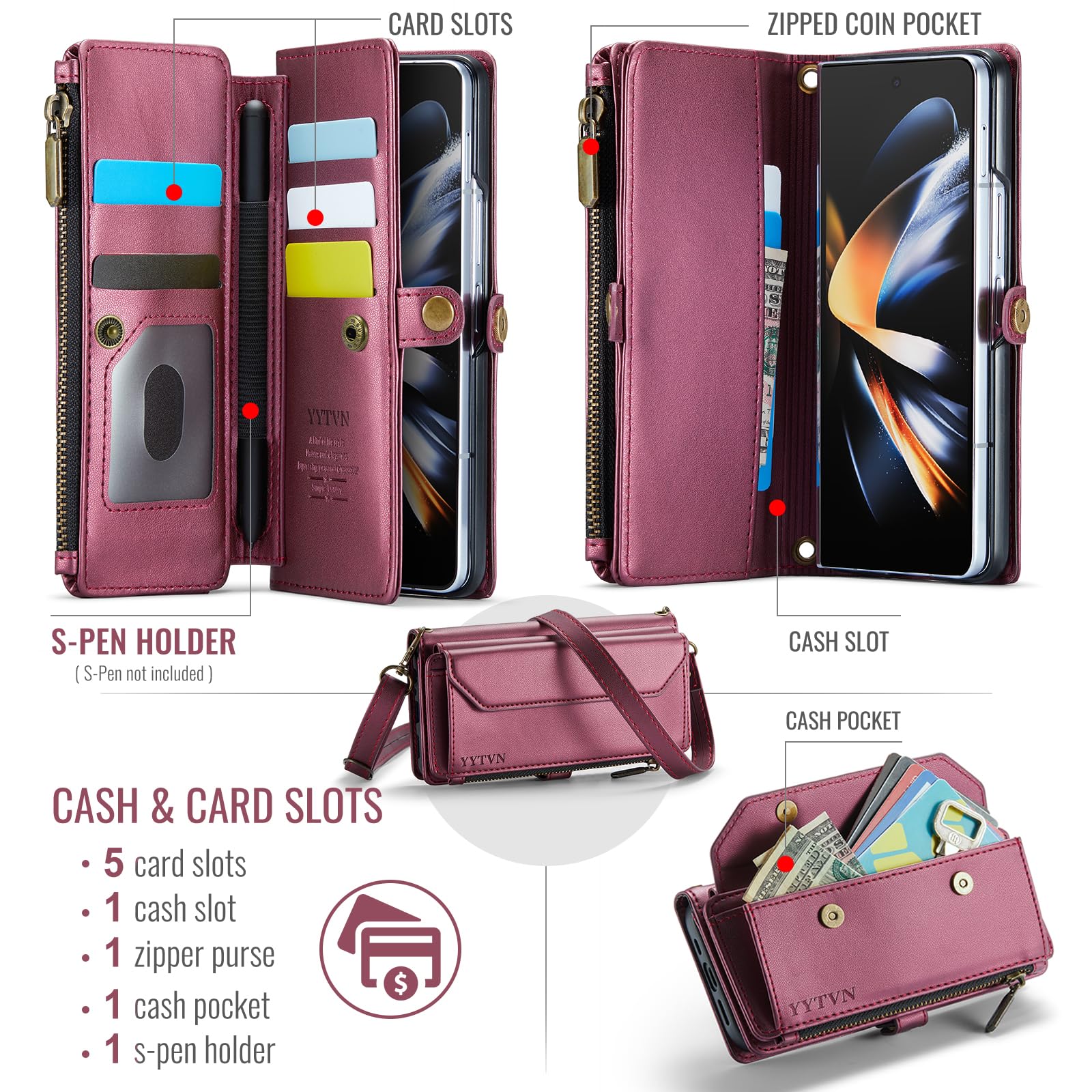 YYTVN for Samsung Galaxy Z Fold 4 Wallet Case with Zipper Card Holder & Crossbody Lanyard Strap & Wrist Strap, RFID Blocking PU Leather Magnetic Flip Handbag Purse Case for Galaxy Z Fold 4 -Red