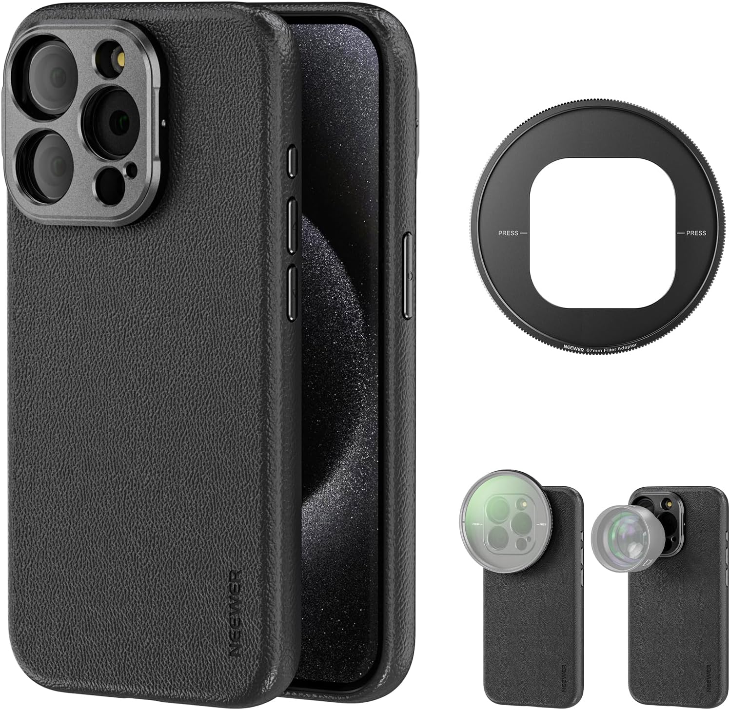 NEEWER Phone Case for 15 Pro, TPU + PC Protective Heavy Duty Case with 17mm Lens Backplate, 67mm Filter Adapter, Nonslip Faux Leather, Compatible with MagSafe, PA053 Black