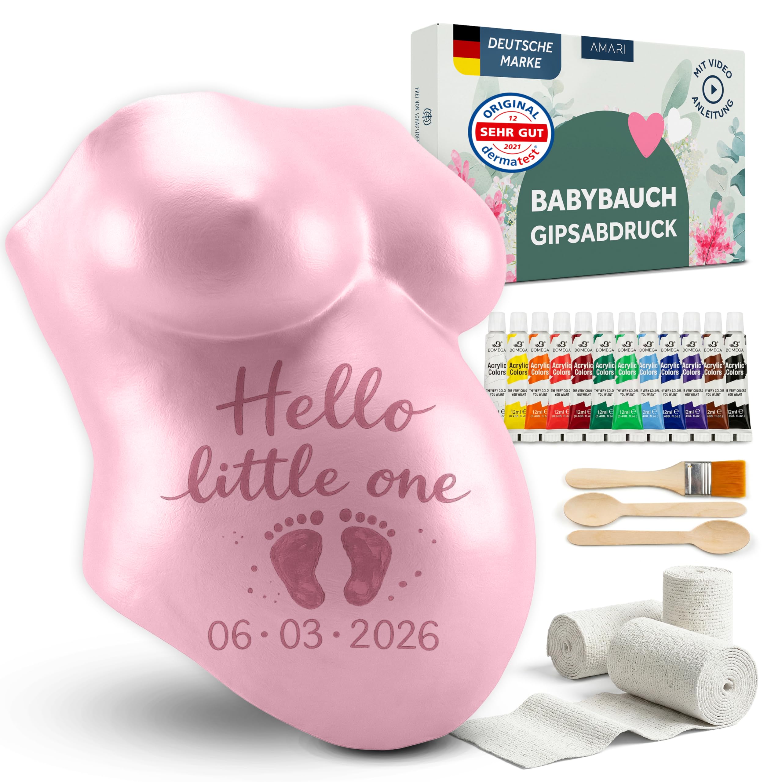 Amari ® Gipsabdruck Babybauch Set - Gipsabdruckset Babybauch - Geschenk werdende Mutter, Gips für den Bauchabdruck -Erinnerungen Schwangerschaft