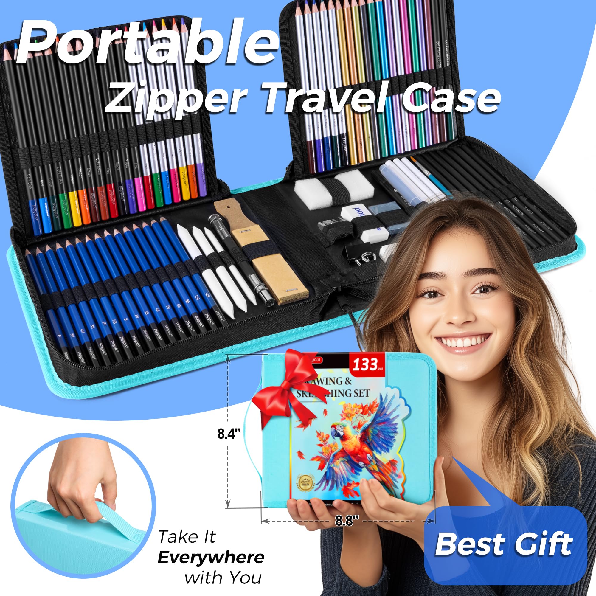 Set da disegno da 133 pezzi, kit per schizzi, forniture artistiche professionali | con Sketch Book, Coloring Book, Acquerello, Blocco di Carta Nero, Grafite Colorato Carbone Acquerello & Matite Metalliche