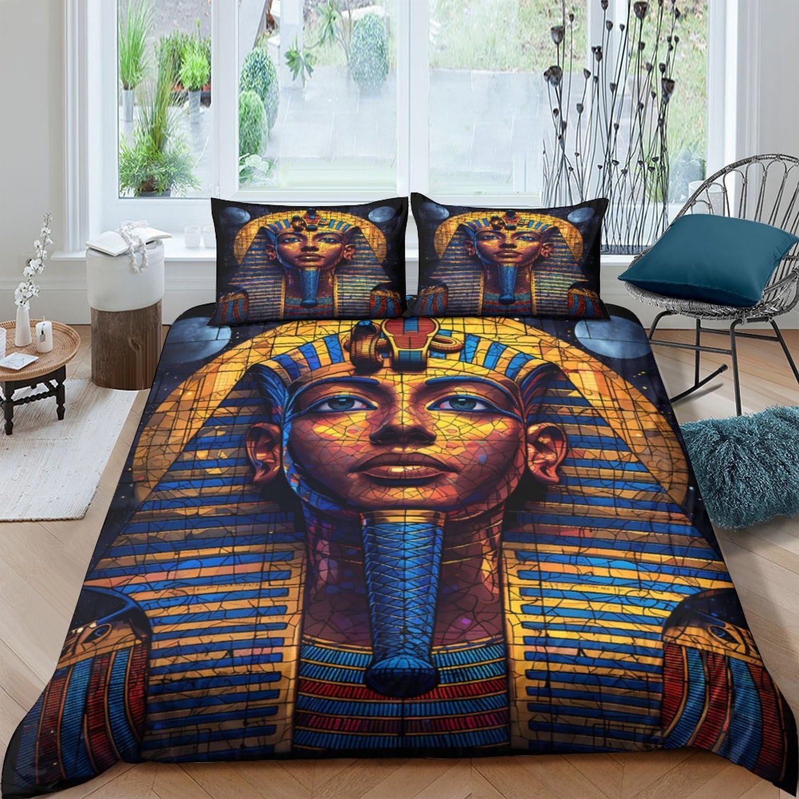 Ctjqhvkz Style-4 3D Printed Pharaoh Egyptian Fitted Sheet Microfiber Artistic Bedroom Decor Sphinx Bed Cover For Home Dorm Single（135X200cm）