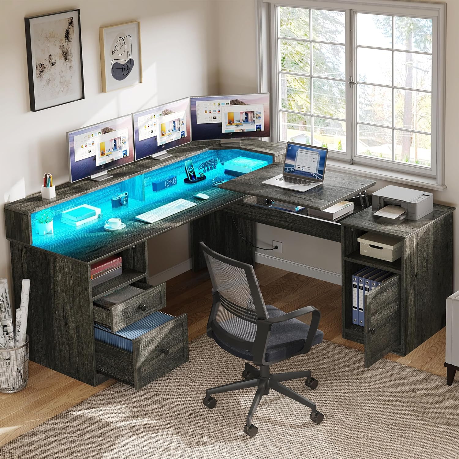 Photo 1 of YITAHOME L Shaped Desk with Power Outlets & LED Lights, 60" Corner Computer Desk with Drawers & Lift Top, Home Office Desk with Monitor Stand & File Cabinet, Wood Height Adjustable Desk, Grey