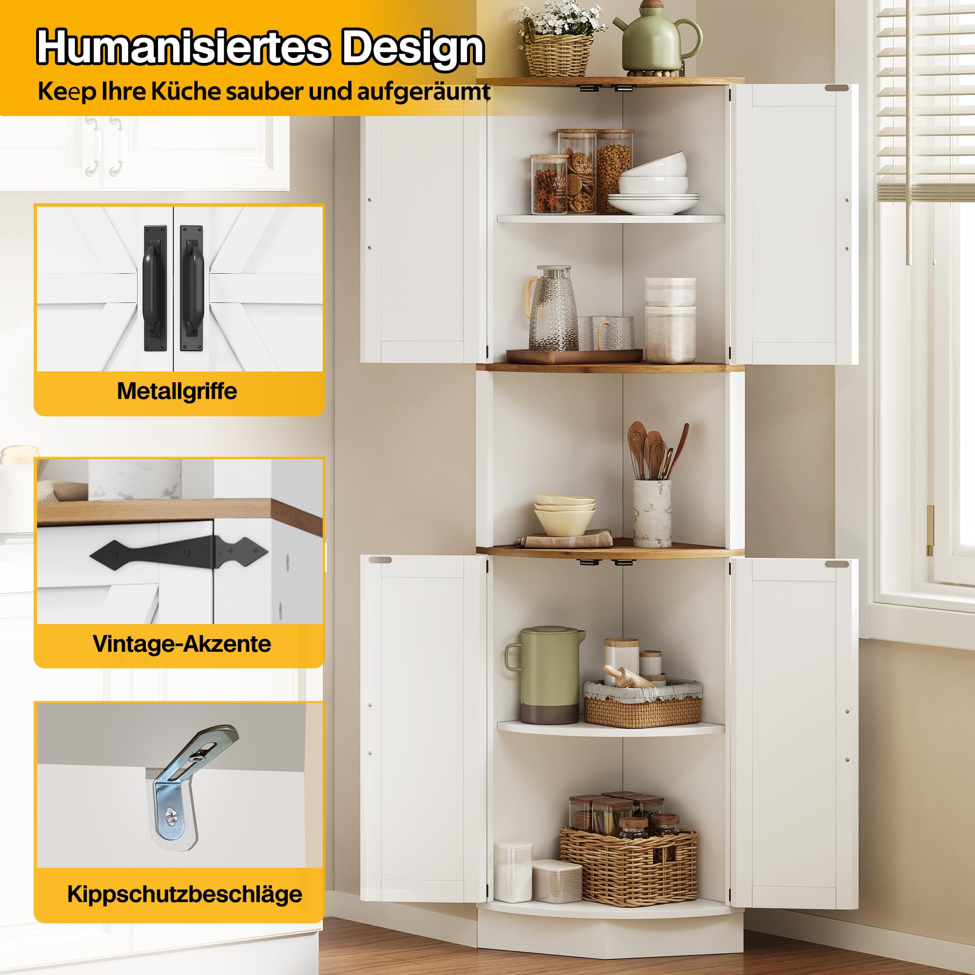 Merax Eckschrank, 180cm Küchenschrank Hoch, Eckregal mit 4 Türen und 5 Ablageflächen, Badezimmerschrank Schmal, Aufbewahrungsschrank Holz, Hochschrank für Küche, Wohnzimmer, Esszimmer, Weiß