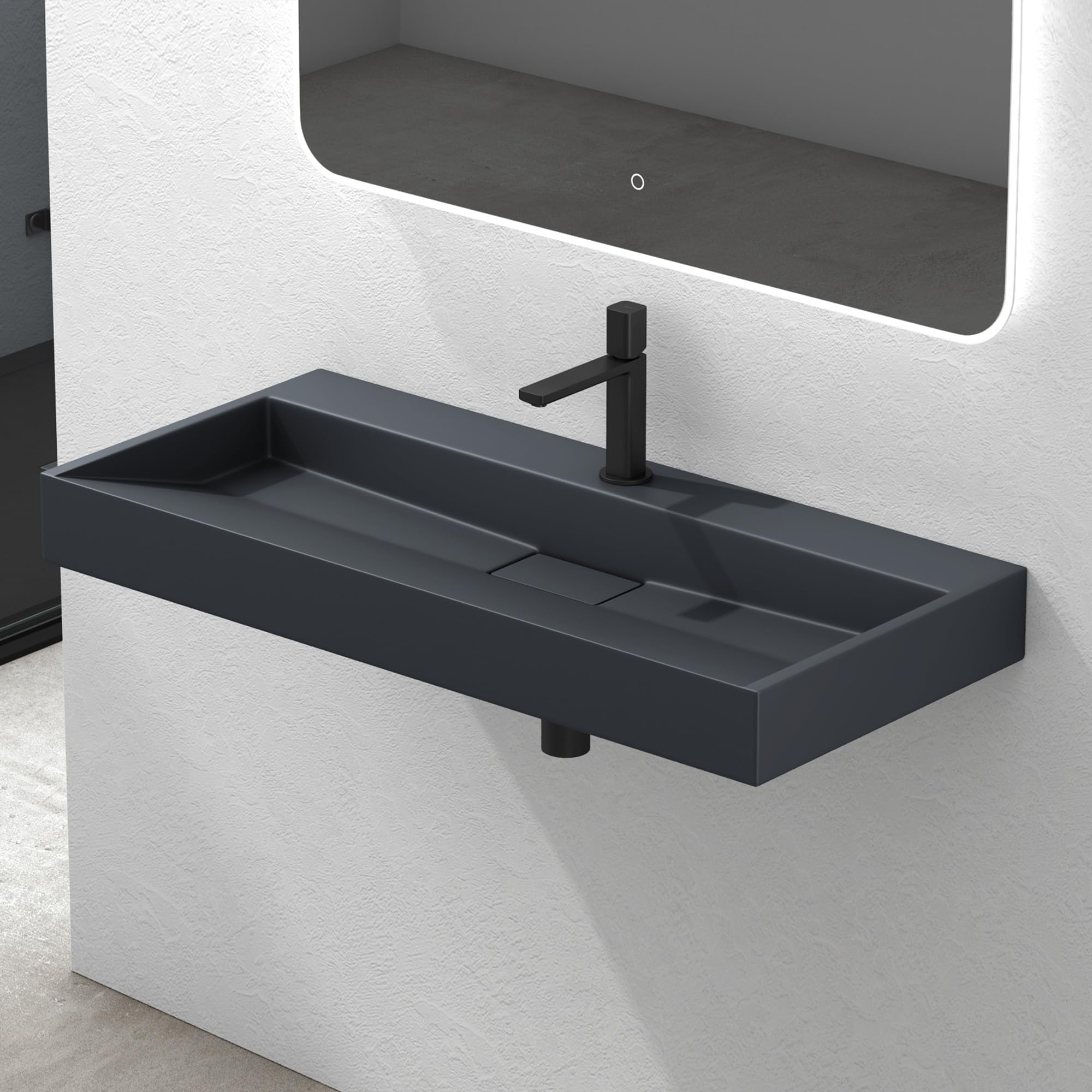 Mai & Mai Matt Anthracite. Bathroom Basin Countertop Wash Basin | Cast Stone Resin Sink Rectangular Matt Anthracite Wall Hung | Solid Surface Sink Drain Fitting Wash Area 1 Tap Hole | Wdh：90×46×11Cm Col19