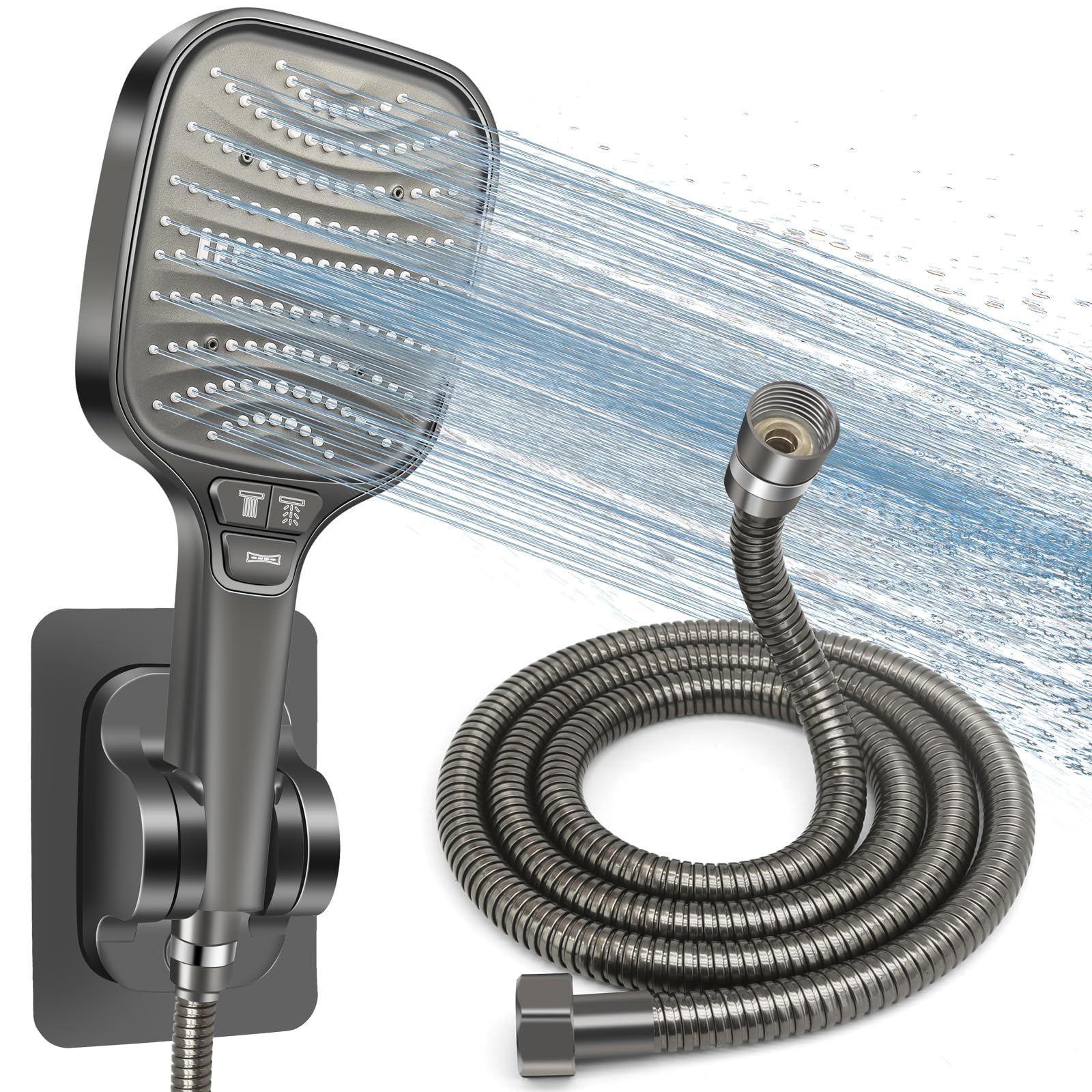 HNOOM Shower Head- 120mm Large Square High Pressure Shower Heads with 8 Spray Modes, Pressure Boosting Handheld Shower for Low Water Pressure, Powerful Flow & Water Saving (Gray with Tube)