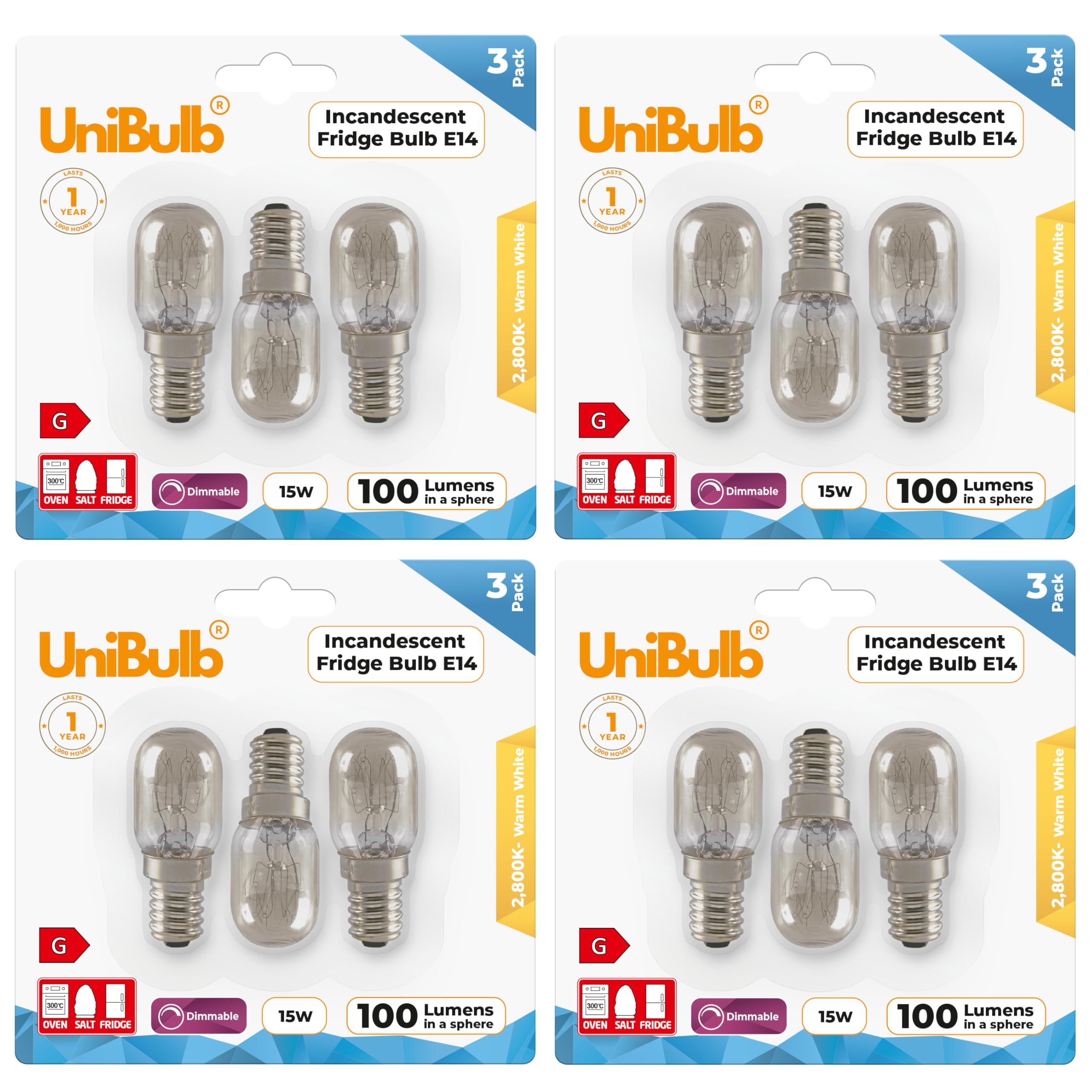 Unibulb 15W E14 Fridge Light Bulb 230V-240V Pygmy SES Incandescent Bulbs 2800K Warm White | Suitable for Salt Lamps, Ovens, Fridges or Freezers | Small Edison Screw Base (12)