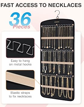 BAGSMART Hanging Jewelry Organizer, Necklace Holder Anti-tangle Earrings Rings Hanger with 20 Jewelry Bags Travel Storage Roll with Pockets Hang on Closet, Wall, Door,1 Piece, Large, Black