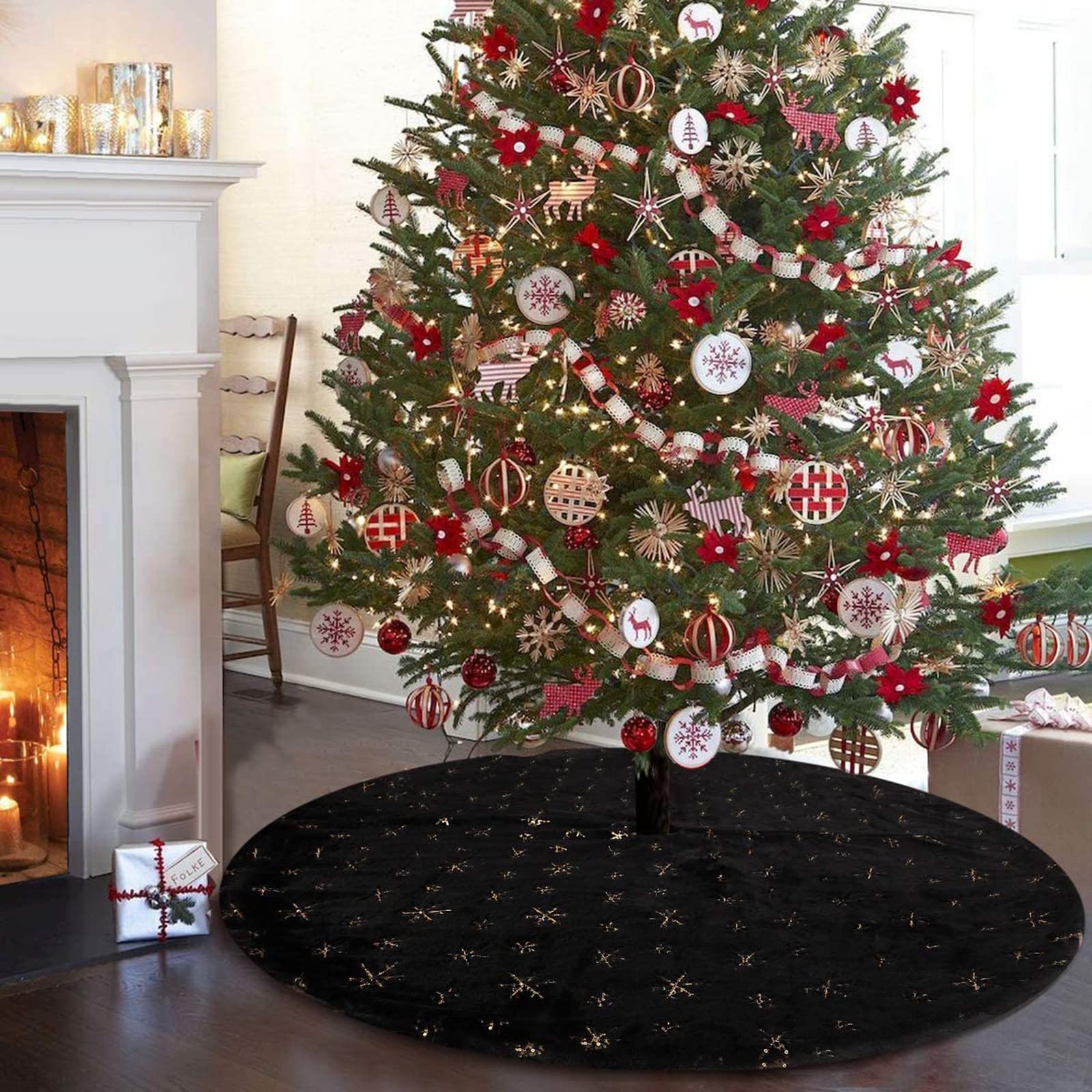 Nero Gonna per Albero di Natale con Fiocchi di Neve Falso Pelliccia Insieme A Paillettes Dorate Tappetino per Albero di Natale per Festa di Vacanza Ornamenti per Interni Ed Esterni,122cm(48inch)
