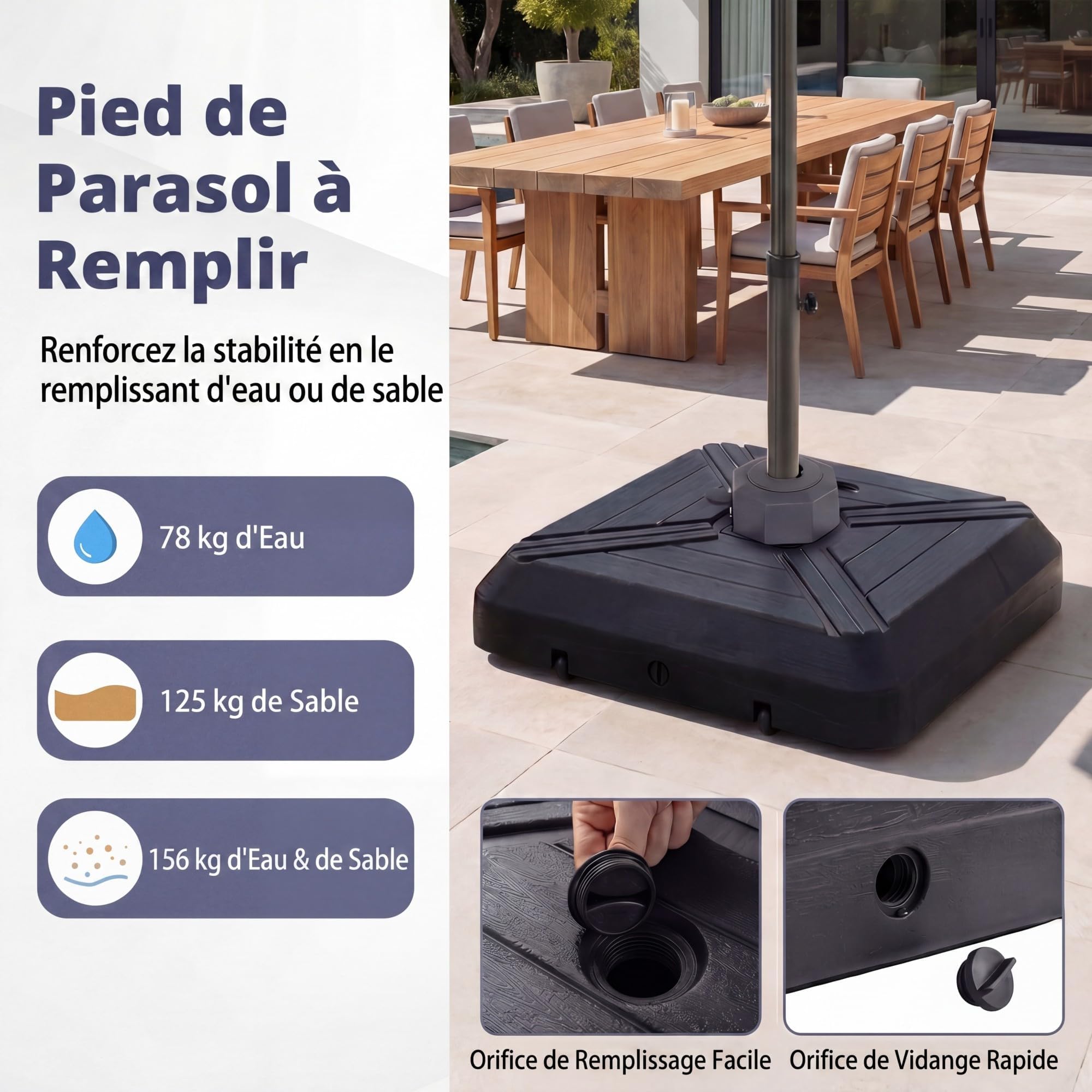 RELAX4LIFE Pied de Parasol Déporté en HDPE Remplissable 156KG