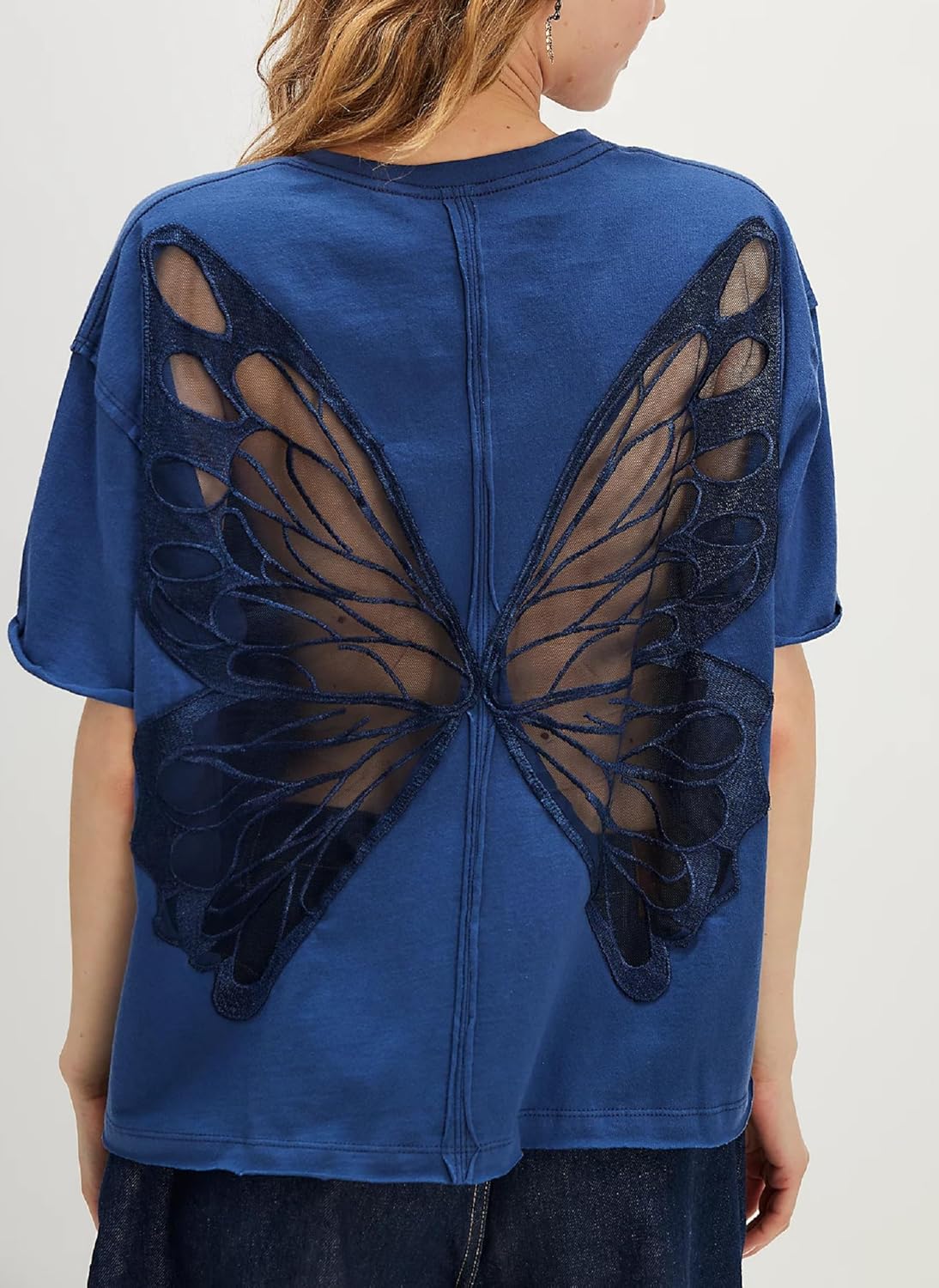 Women Sheer Butterfly T Shirt Short Sleeve Cut Out Back Tee Top Embroidered Oversized Tee Shirts Streetwear - Image 2