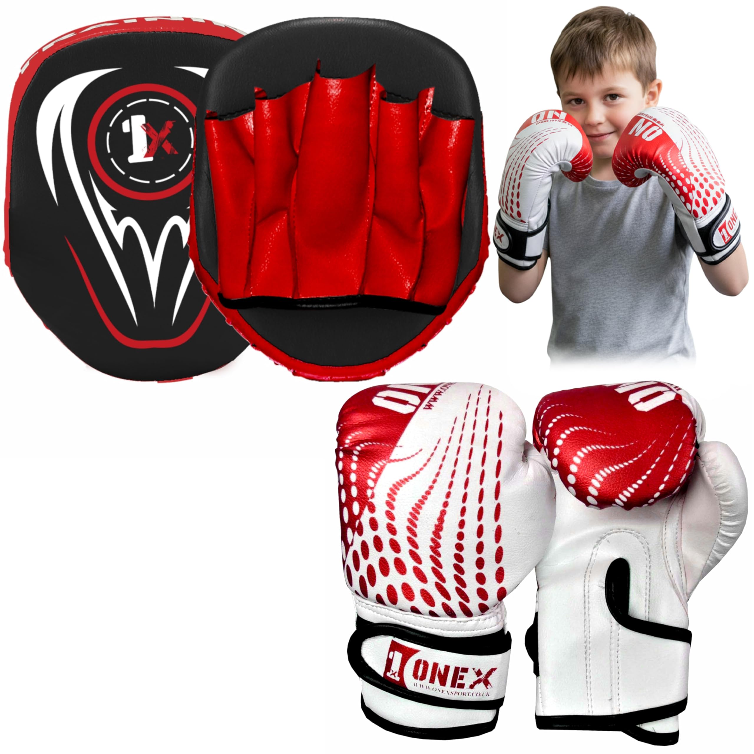 Boxing Gloves & Focus Pads Set – 6oz 4oz 2oz Gloves Hook & Jab Pads for Training, Kickboxing, Muay Thai, Punching, Sparring, MMA, Martial Arts, Taekwondo, Home & Gym Workout (RED, 4oz)