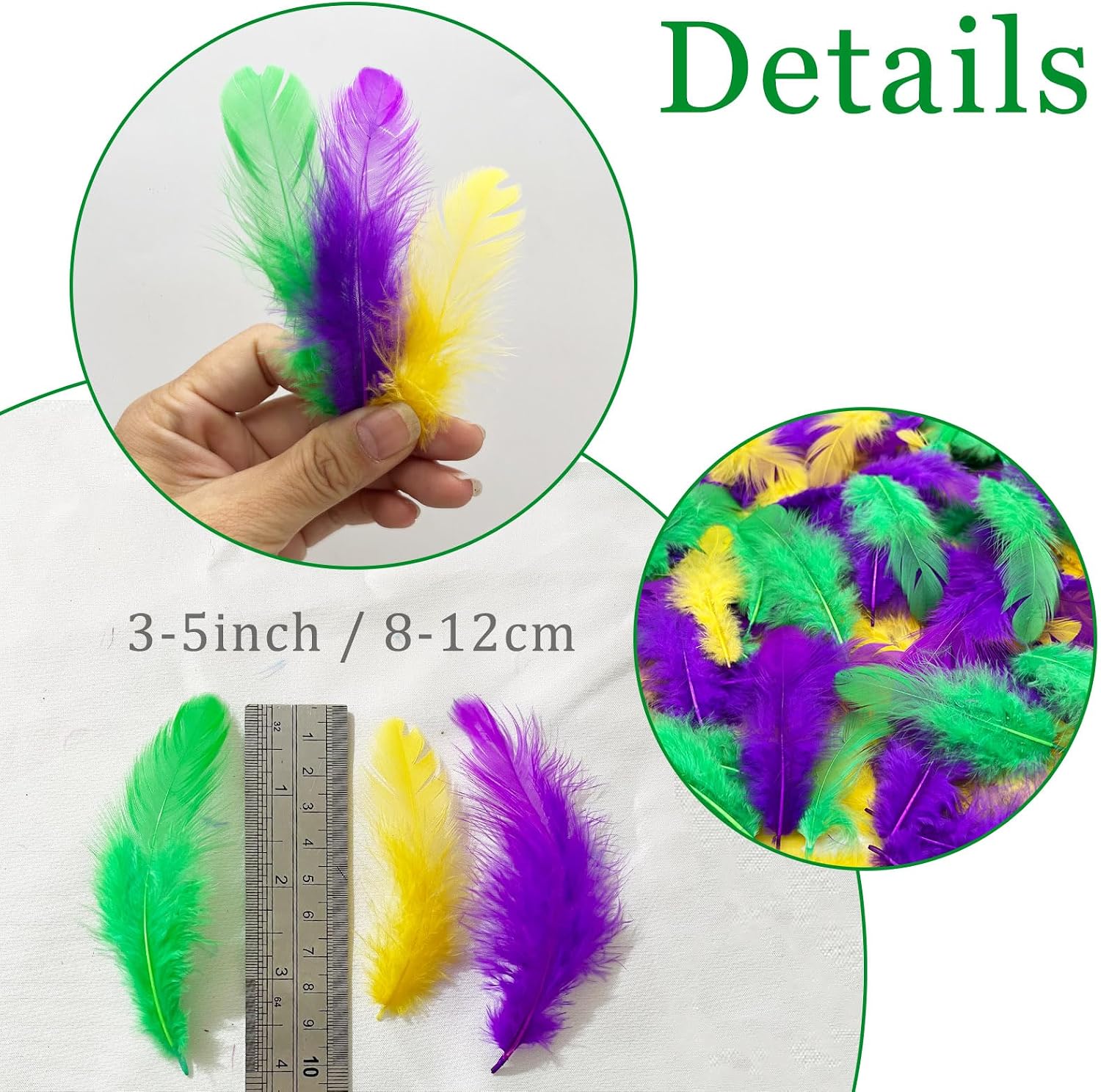 500PCS Small Craft Feathers Mardi Gras Assorted Colors 3-5Inch Purple Green Yellow Gold Rooster Feathers for Birthday Party Decoration Balloons Ornaments Dream Catchers Kindergarten Crafting