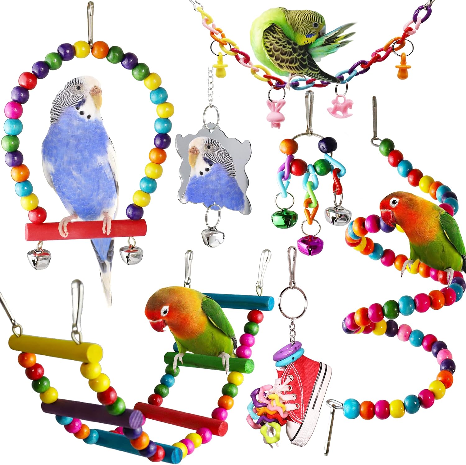 PBIEHSR Parakeet Bird Cockatiel Toys, Pet Bird Cage Swing Hammock Chewing Toy Hanging Bell Wooden Perch for Conures, Love Birds,…