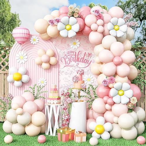 Kit de arco de guirnalda de globos de margarita, retro, rosa, arena, blanco, hippie y bohemio, guirnalda de globos de flores para cumpleaños, baby