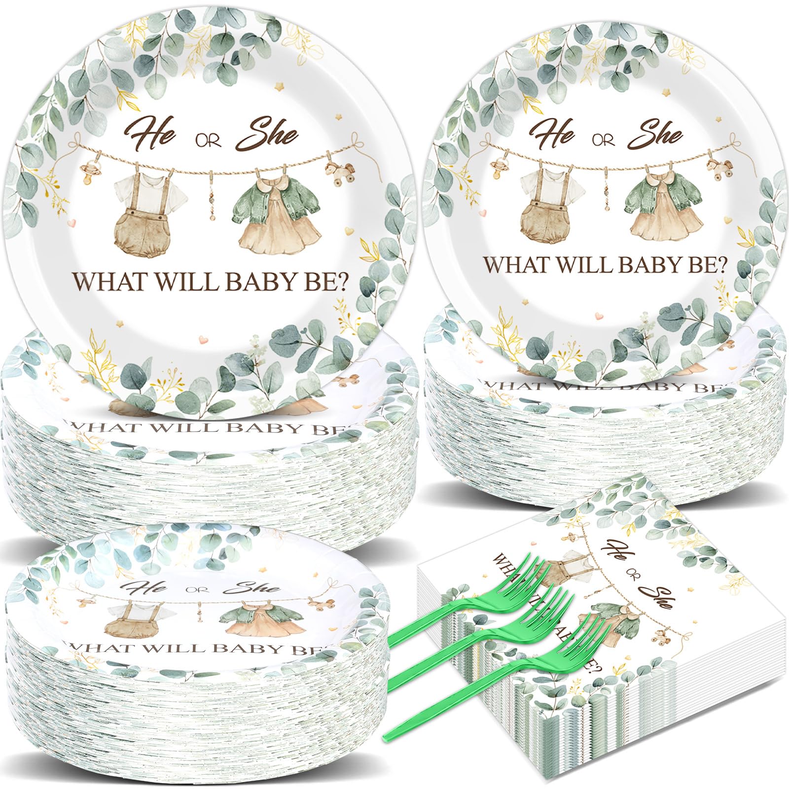 200Pcs He or She Gender Reveal Decorations Eucalyptus Sage Green Plates Napkins Greenery Disposable Tableware Gender Reveal Decorations Neutral Colors