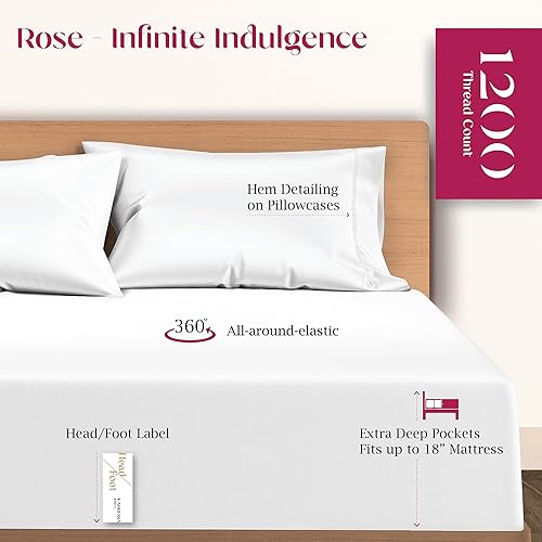 Miniatura 6 de Carressa Linen Sábanas de lujo 100% algodón Supima, sábanas de algodón premium de 1200 hilos para cama tamaño Queen, juego de sábanas blancas de 4