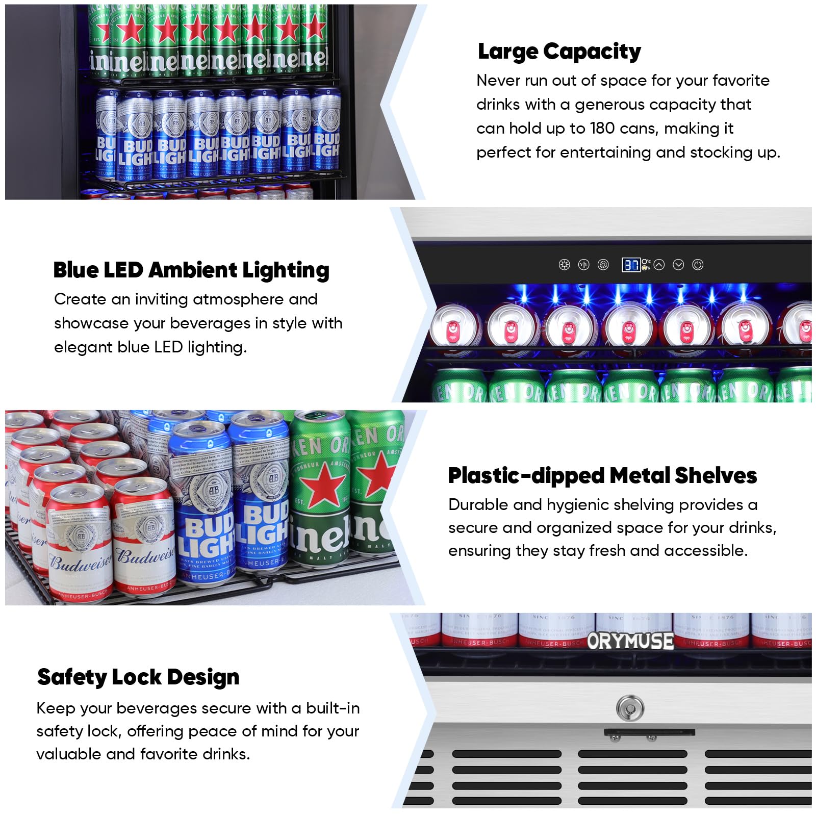 Orymuse 24" Beverage Refrigerator, 180 Can Under Counter Drink Cooler With Glass Door & Lock, Built-In Or Freestanding Mini Fridge With Quiet Compressor Cooling For Beer, Soda & Wine on Fridge.com - View 6
