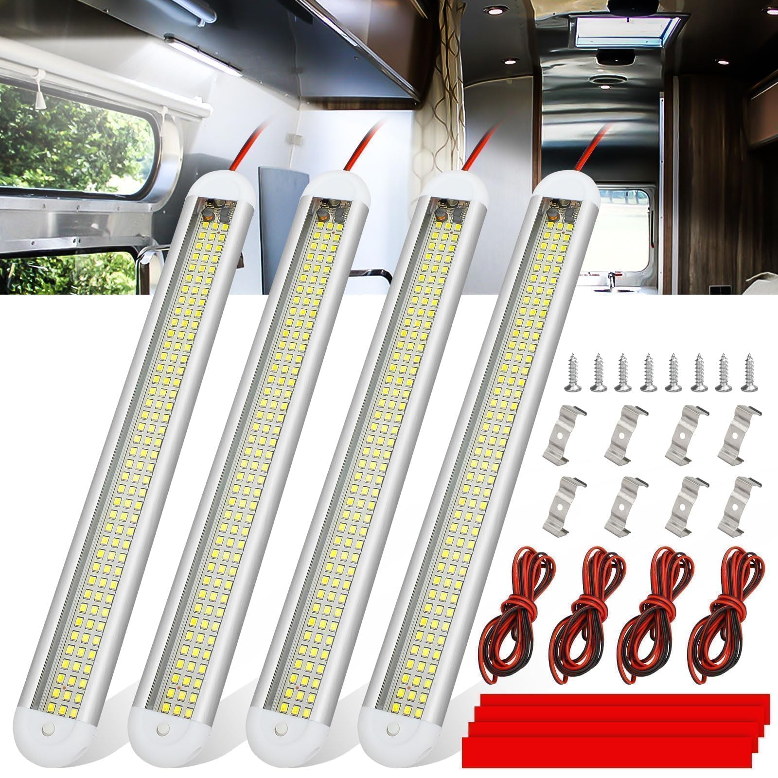 Linkstyle 4PCS 12V Interior LED Light Bar, 120 LEDs 6500K 1600LM Strip Light with ON/OFF Switch, 12V Van Interior Light for RV Car Camper Boat Bus Kitchen