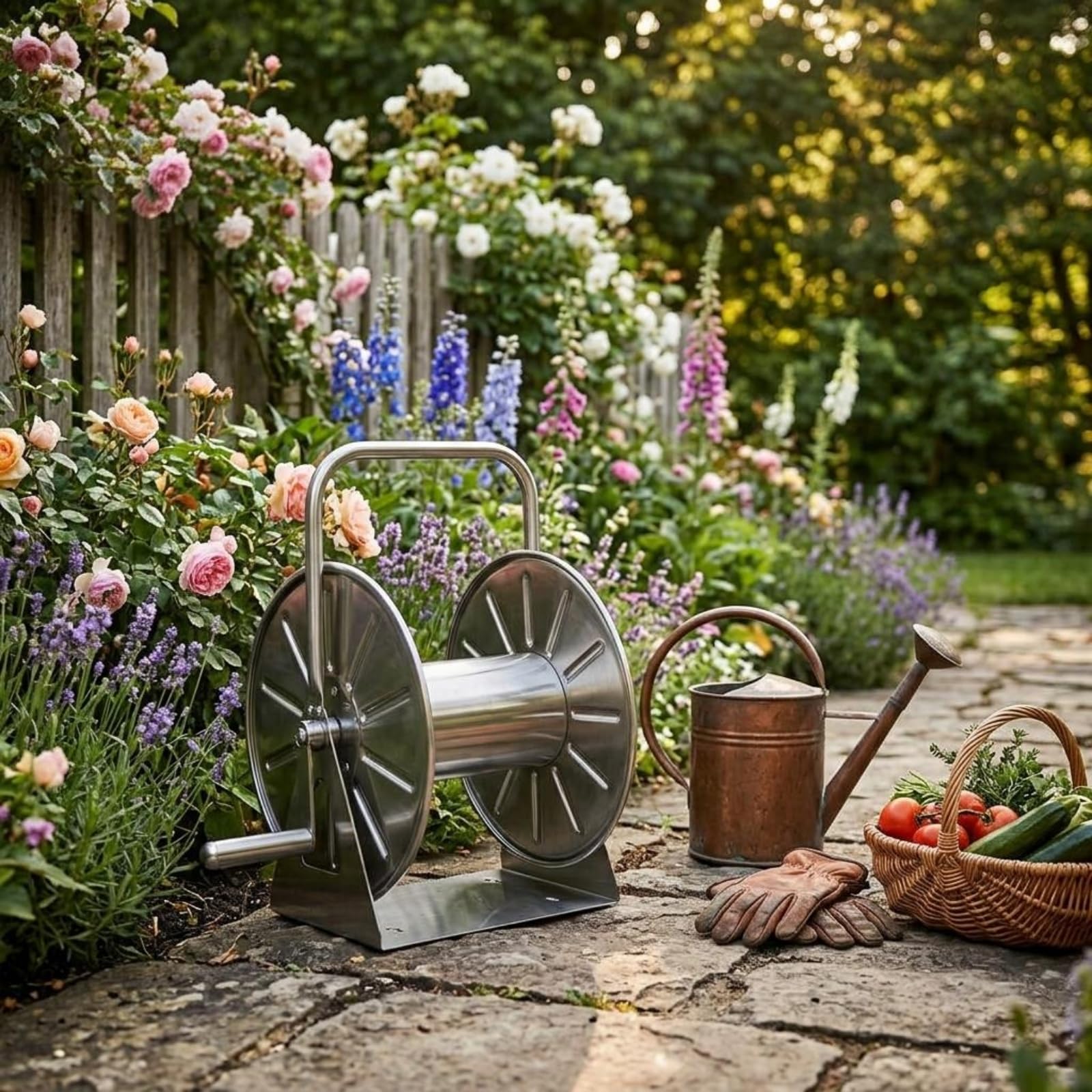 Hose Aufbewahrungsorganizer Schlauchtrommel Gartenschlauchaufroller Schlauchhalter aus Edelstahl für Außenbereich mit Sanftem Aufrollen Spart Zeit für Bewässerung Außenreinigung