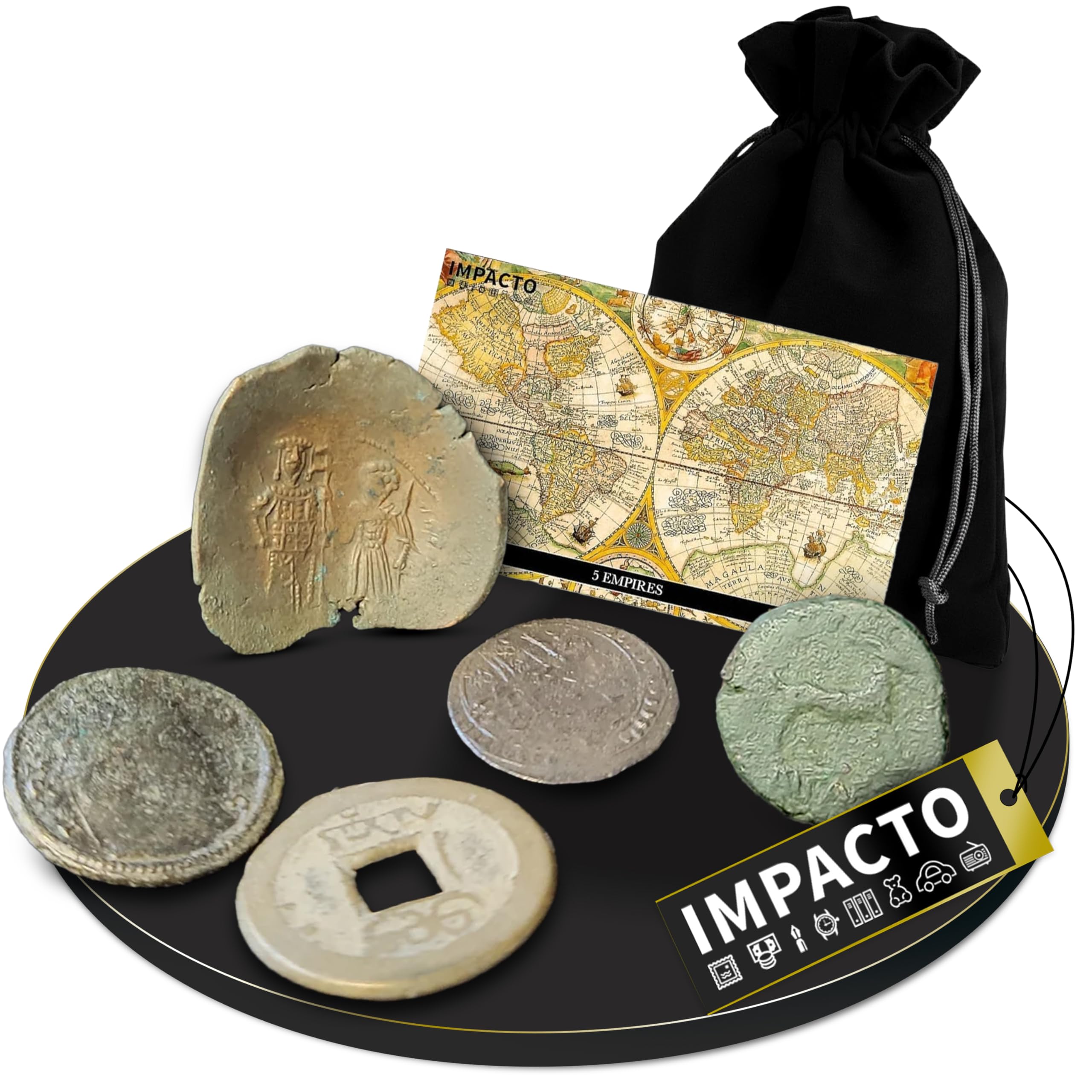 IMPACTO COLECCIONABLES | 5 Monedas Antiguas Auténticas de Grandes Imperios – Griego, Romano, Bizantino, Otomano y Chino (Dinastía Qing) – con Bolsa de Terciopelo y Certificado de Autenticidad