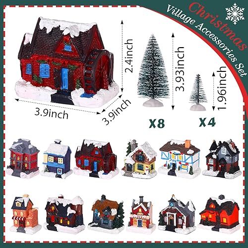 Miniatura 2 de Kajaia 12 Piezas Casas de Pueblo de Invierno Navideño con 12 Piezas de Árboles Lámpara Luces LED Navidad Figurita de Pueblo de Invierno Accesorio de
