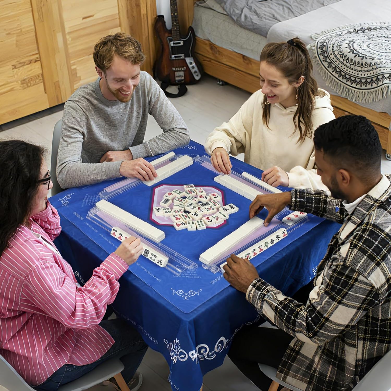 American Mahjong Game Accessories Set Mahjong Table Mat 31.5" x 31.5" with 4 Clear Mahjong Racks with Pushers Non-Slip Portable Mat with Carry Bag