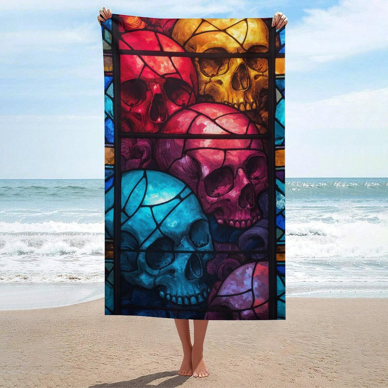 asbwuo Stained Glass Skulls Red Blue Purple Yellow Beach Towel