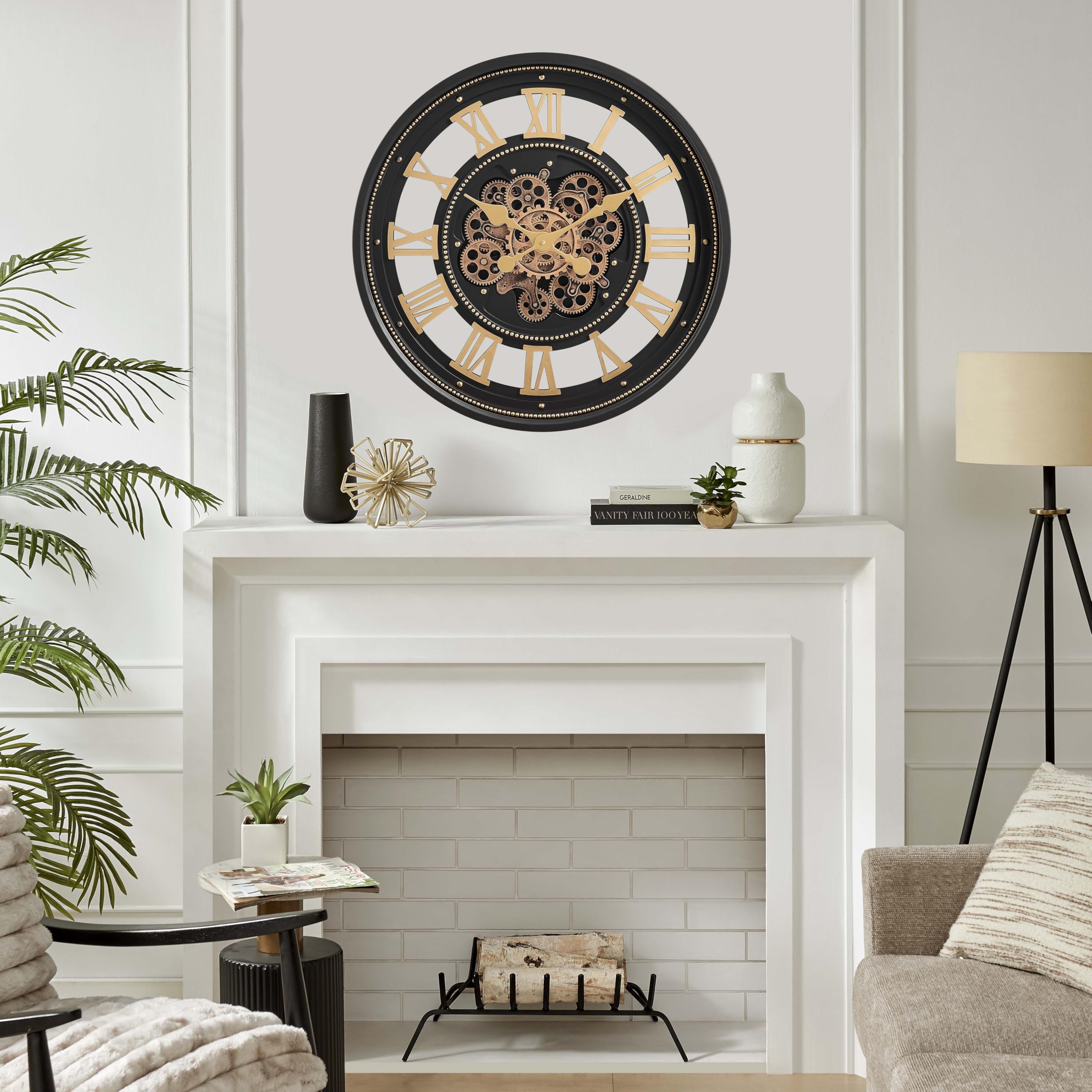 CLXEAST Orologio da parete da 61 cm con ingranaggi mobili, numeri romani, moderno nero e finitura oro