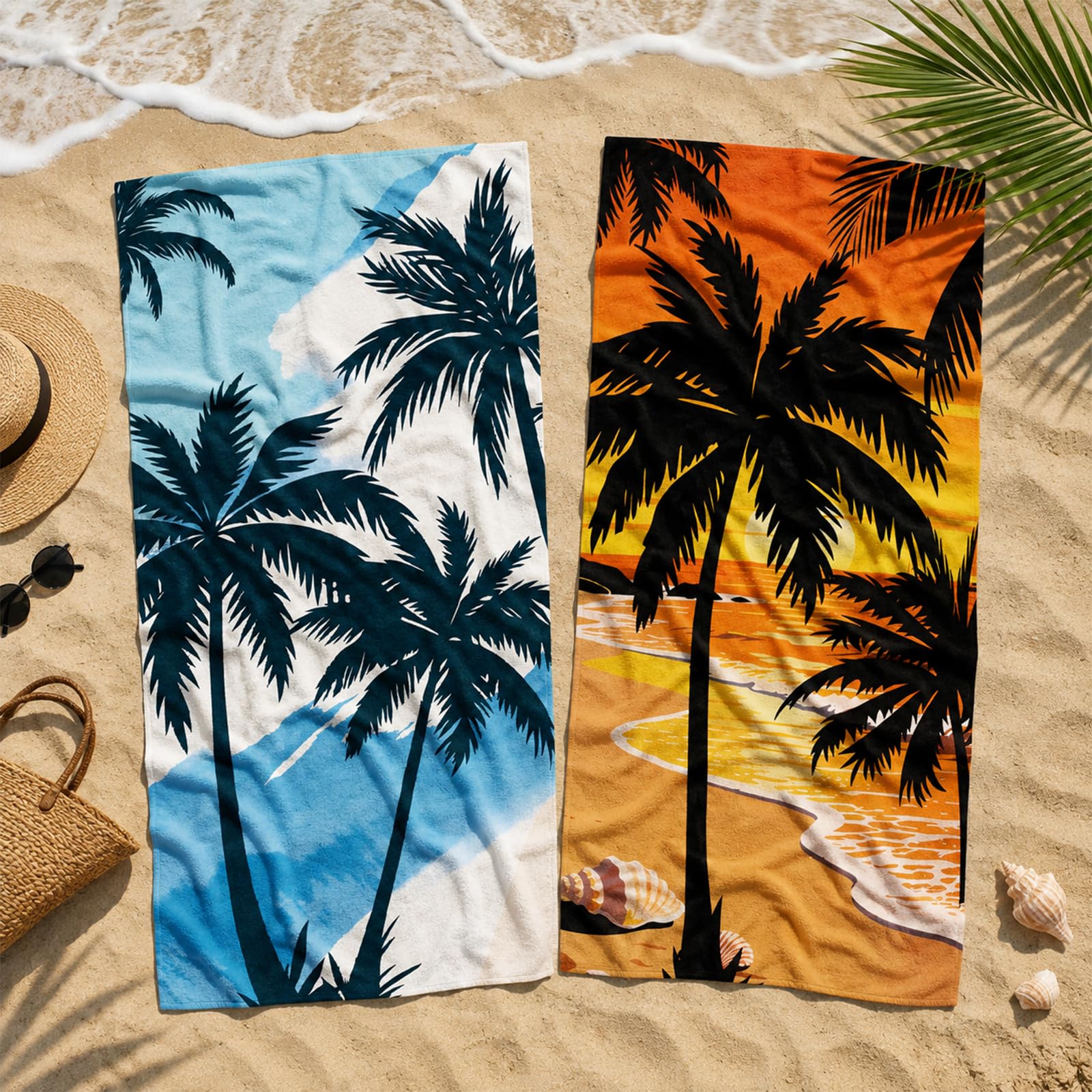 ORIGACH 2Pack Coconut Theme Thin Lightweight Microfiber Beach Towel, 71x31