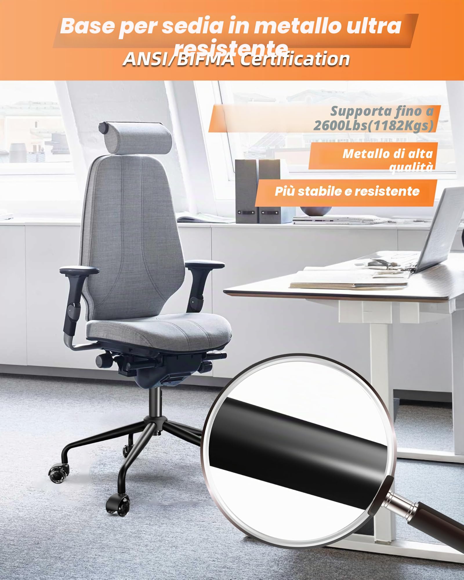 Sytopia Base di sedia girevole a croce da 71,1 cm, piedi in metallo robusto da 17,9 cm di altezza (capacità di 1 179,3 kg), fondo per sedia da ufficio universale con cilindro a gas standard e boccole