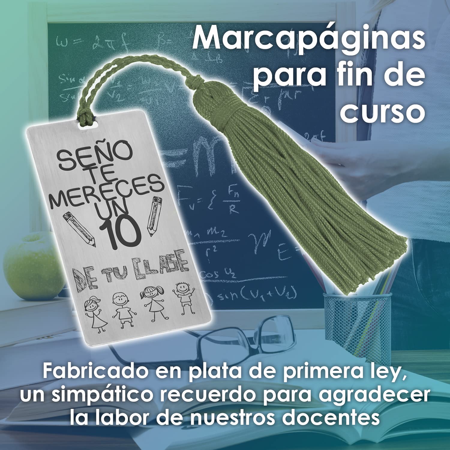 Segnalibro in argento per profes "Ti meriti un 10" con nappone colorato - Regalo per insegnanti - Fine corso (Verde 2 facce)