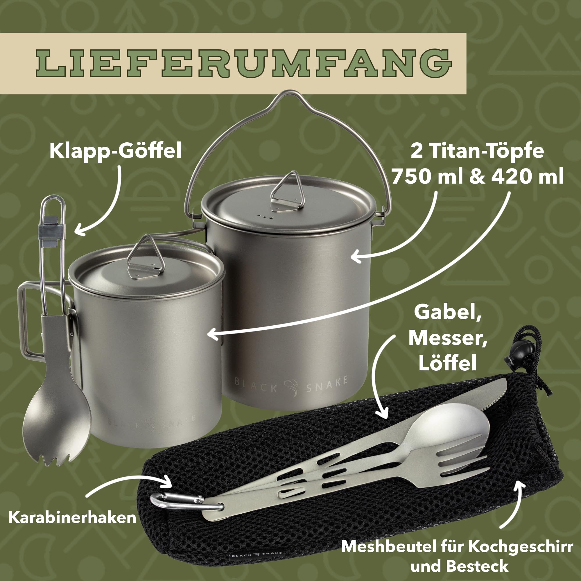 Black Snake Titan Camping Set 6-teilig - Outdoor Geschirr & Besteck mit Topf, Göffel, Messer, Gabel, Löffel - Ultraleicht, kompakt & rostfrei