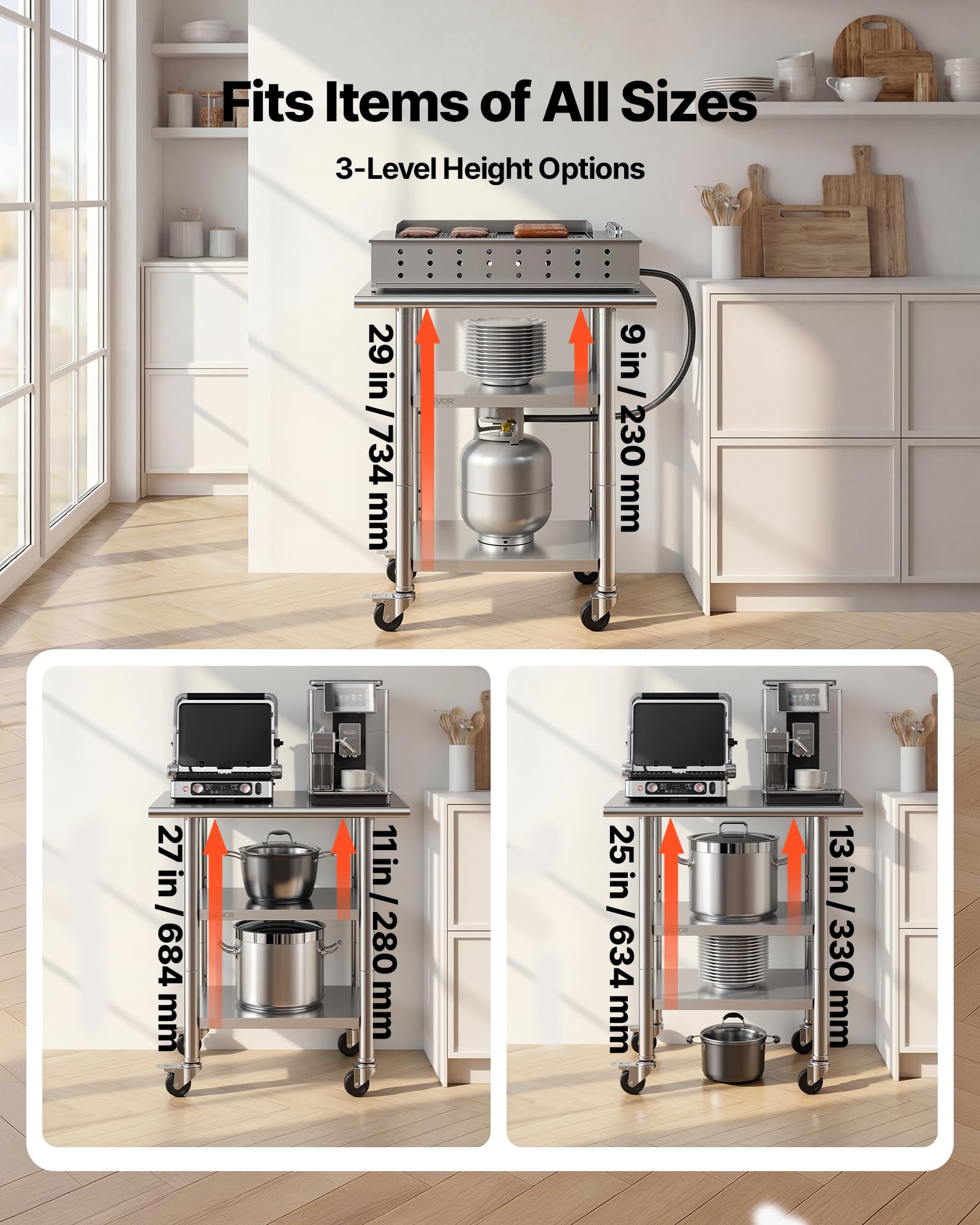 VEVOR Tavolo da Lavoro per Cucina 3 Ripiani, Tavolo per Ristorazione in Acciaio Inox con Ruote 3 Ripiani 762 x 610 x 864 mm Piano di Lavoro Carico max 227 kg, Preparazione Ristorante Hotel Catering