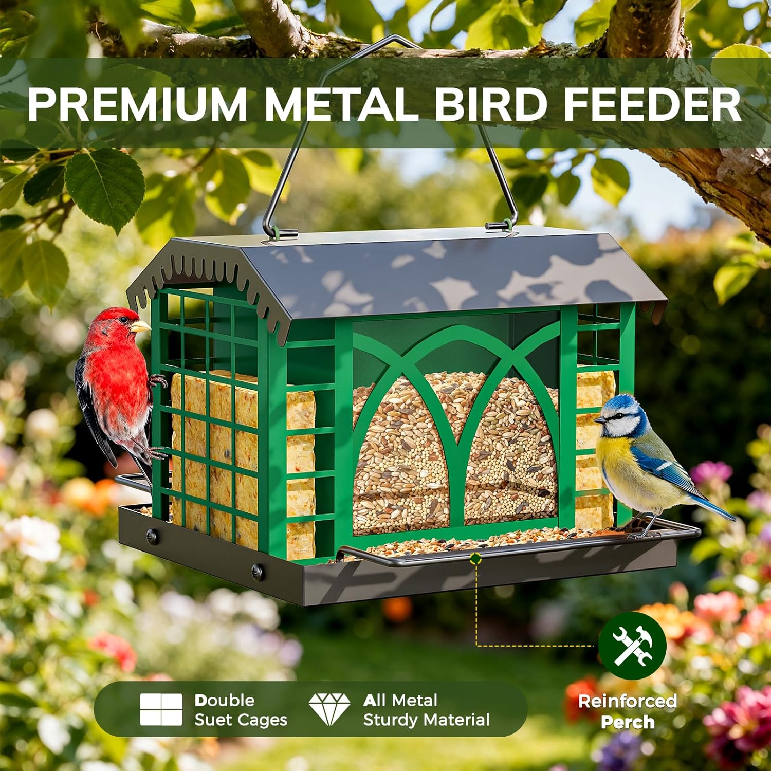 Bird Feeders for Outdoors Hanging, Metal Bird Feeder with Double Suet Cage Weatherproof Metal Roof, 3.5Lbs Large Capacity Great for Attracting Finch Cardinal Chickadee Wild Birds, Branch Green