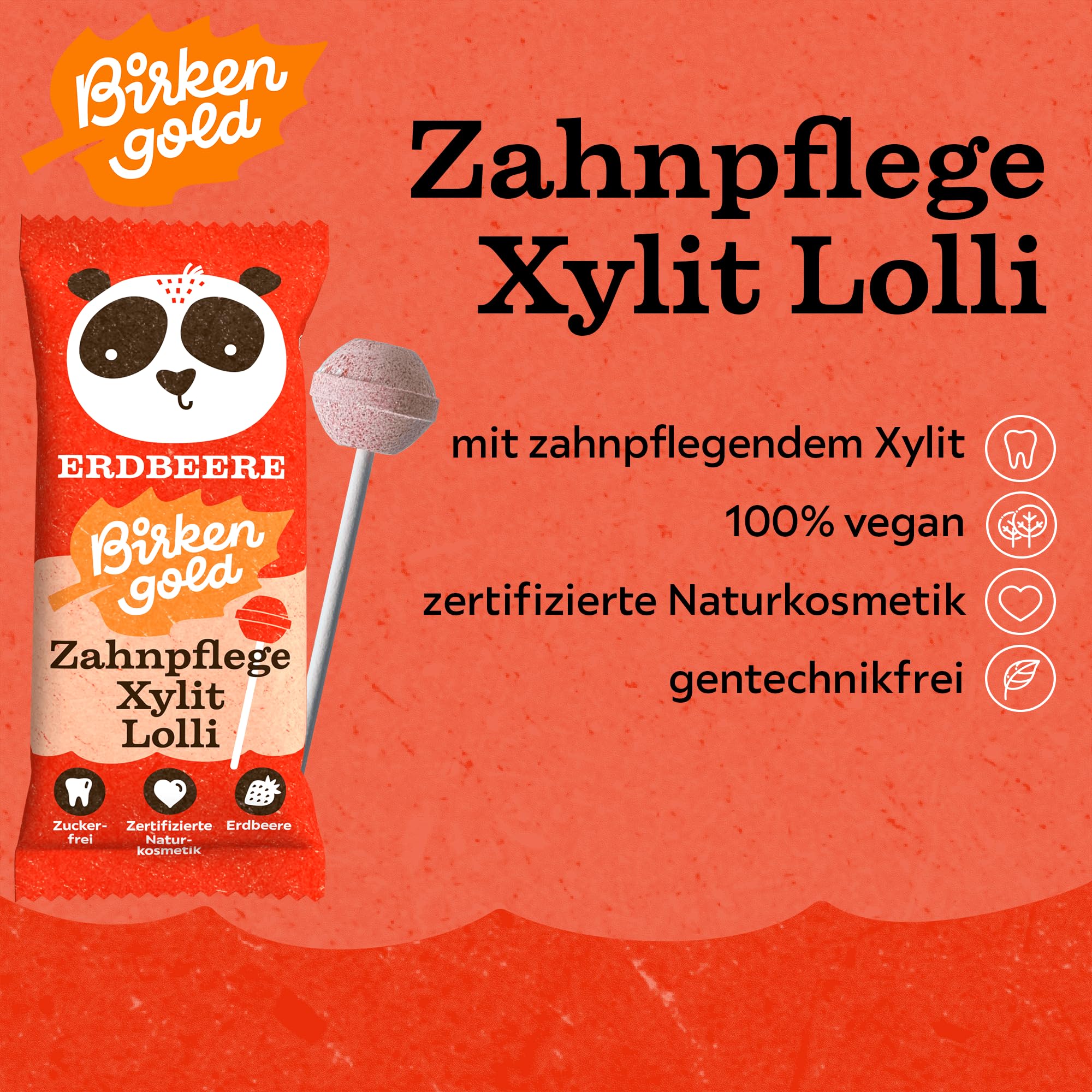 Birkengold Xylit Lolli Erdbeer | Naturkosmetik zertifiziert | 20x6g einzeln verpackt | vegan | zuckerfreier Dauerlutscher | Zahnpflege Lolli | Frucht Lolli Erdbeer