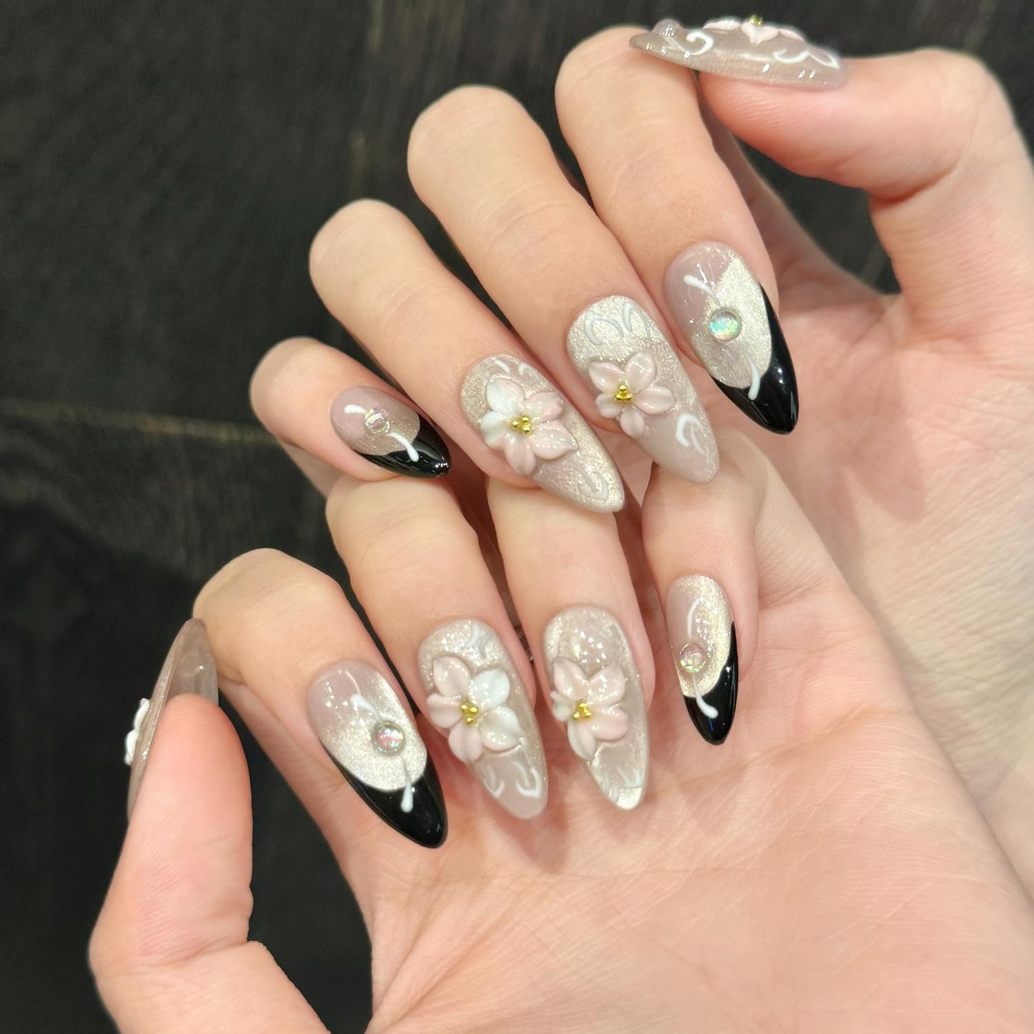 Handmade Press On Nails Medium Almond Pink Glitter Cats Eye Carved Flower Reusable Wedding Prom And Festival Gift Handmade Acrylic Press On Nails Aacrylic Nail (M)