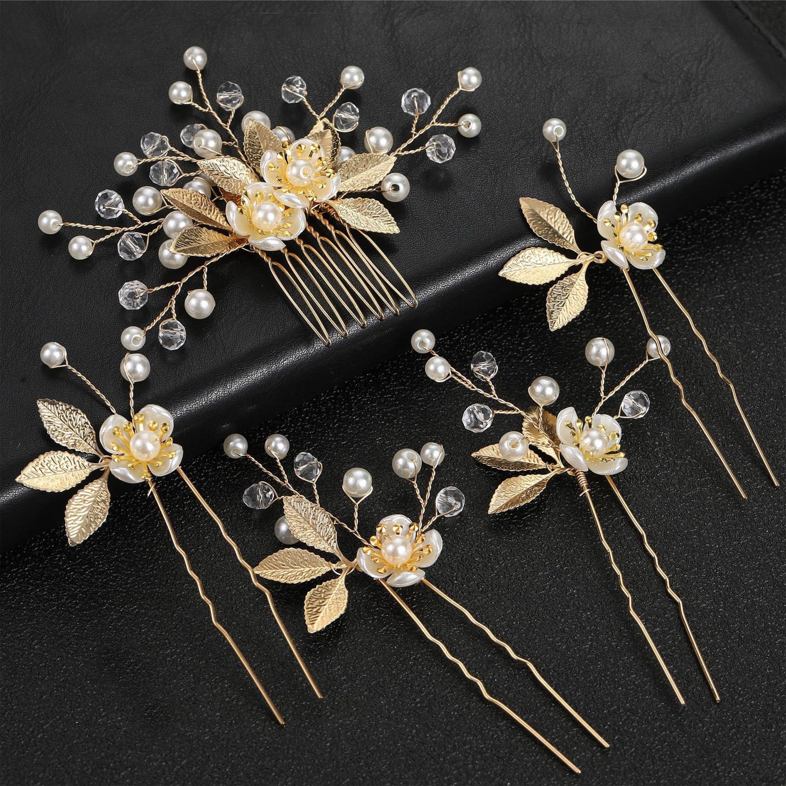 5 piezas de peine y horquillas para el cabello de hoja dorada, accesorios para el cabello de novia, clip de pelo de boda para novias, piezas de cabeza de boda hechas a mano con diamantes de imitación 8