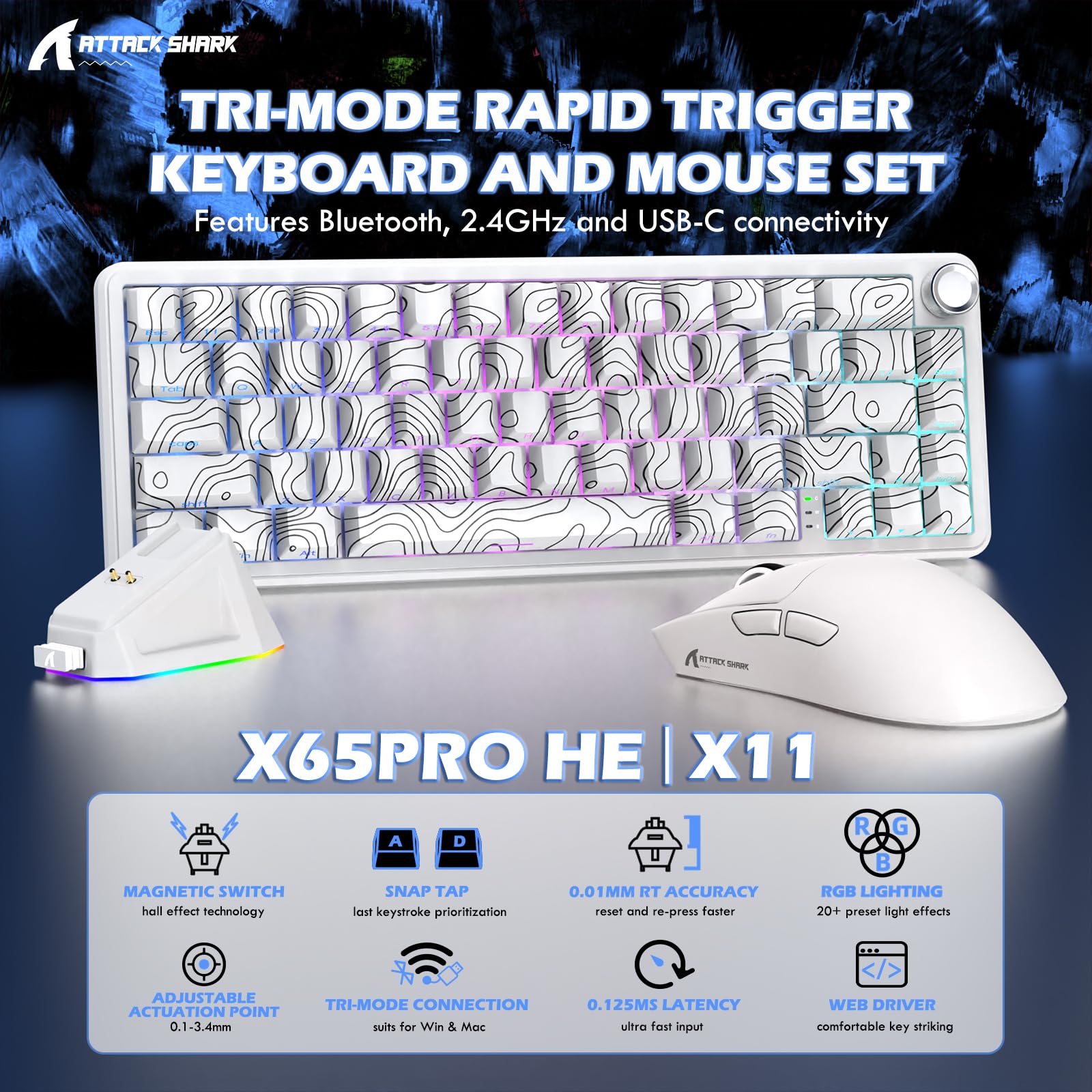 MAMBASNAKE X ATTACK SHARK Tastiera e mouse wireless tri-mode, tastiera con Interruttori Magnetici a Grilletto Rapido X65PRO HE, Precisione RT 0,01 mm 8KHz, Mouse X11 con Dock di ricarica - Bianco