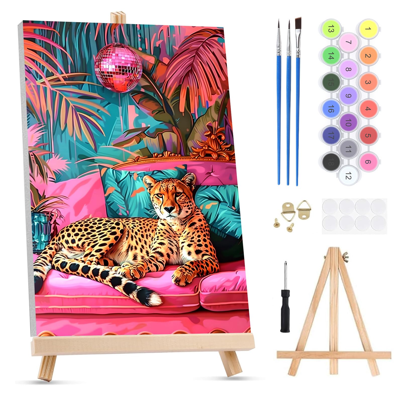 QENSPE Paint by Numbers for Adults on Framed Canvas - with Wooden Easel, Leopard Painting by Number Kit for Beginners, DIY Disco Ball Acrylic Oil Painting for Home Wall Decor (8x12 inch)