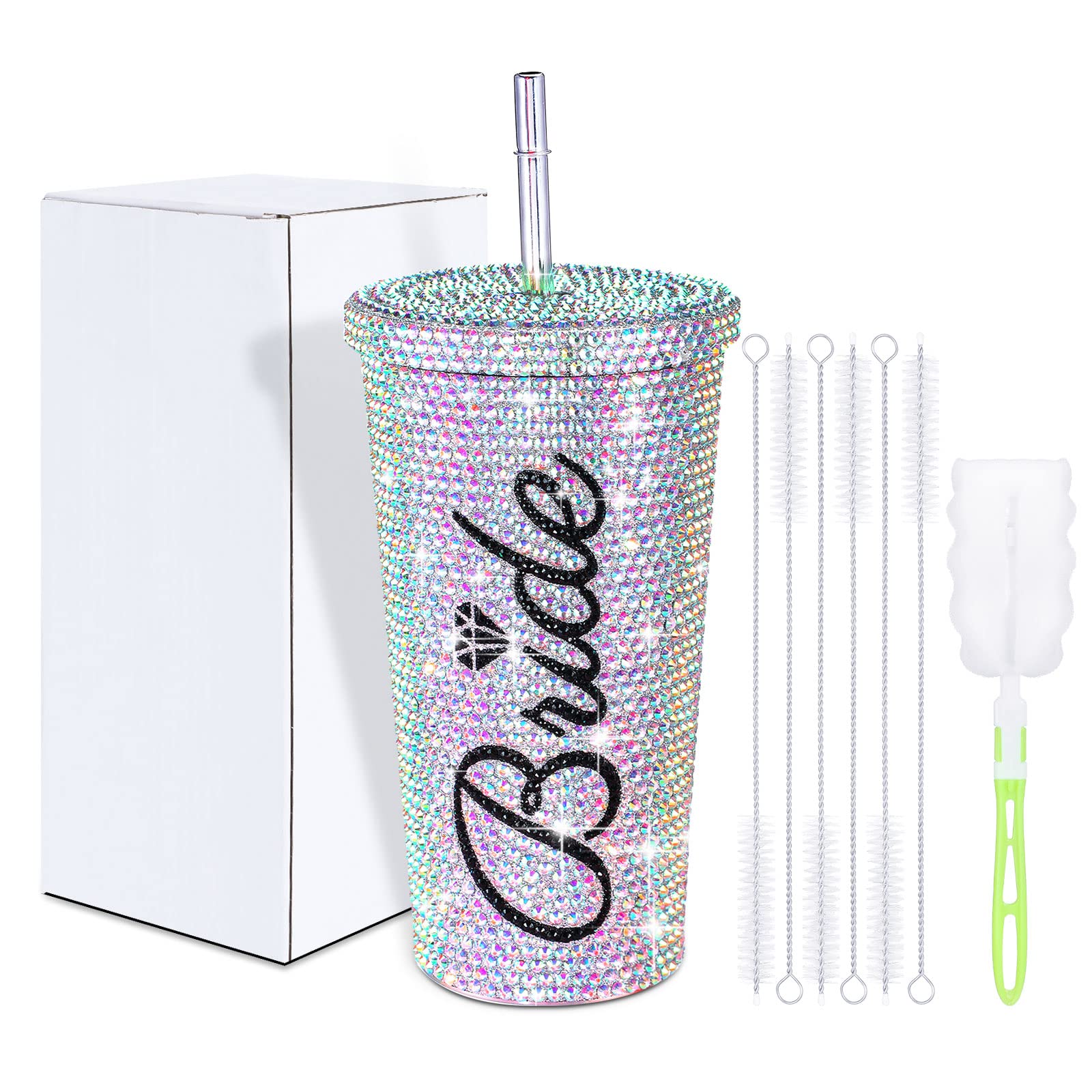 Hoolerry Bling Studded Rhinestone Tumbler Glitter Diamond Cup 16.9 oz Stainless Steel Insulated Reusable Water Bottle with Straw Lid and Brush for Women Bachelorette Shower Wedding Gift(Bride)