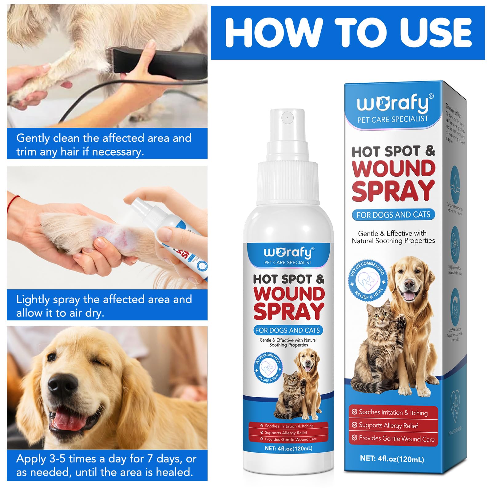 Spray Pour le Soin des Plaies Pour Chiens et Chats, 120 ml - Anti Demangeaison et Anti Allergie, Soulage les Infections et Irritations Cutanées Chez Tous les Animaux , Régénère Et Nourrit La Peau