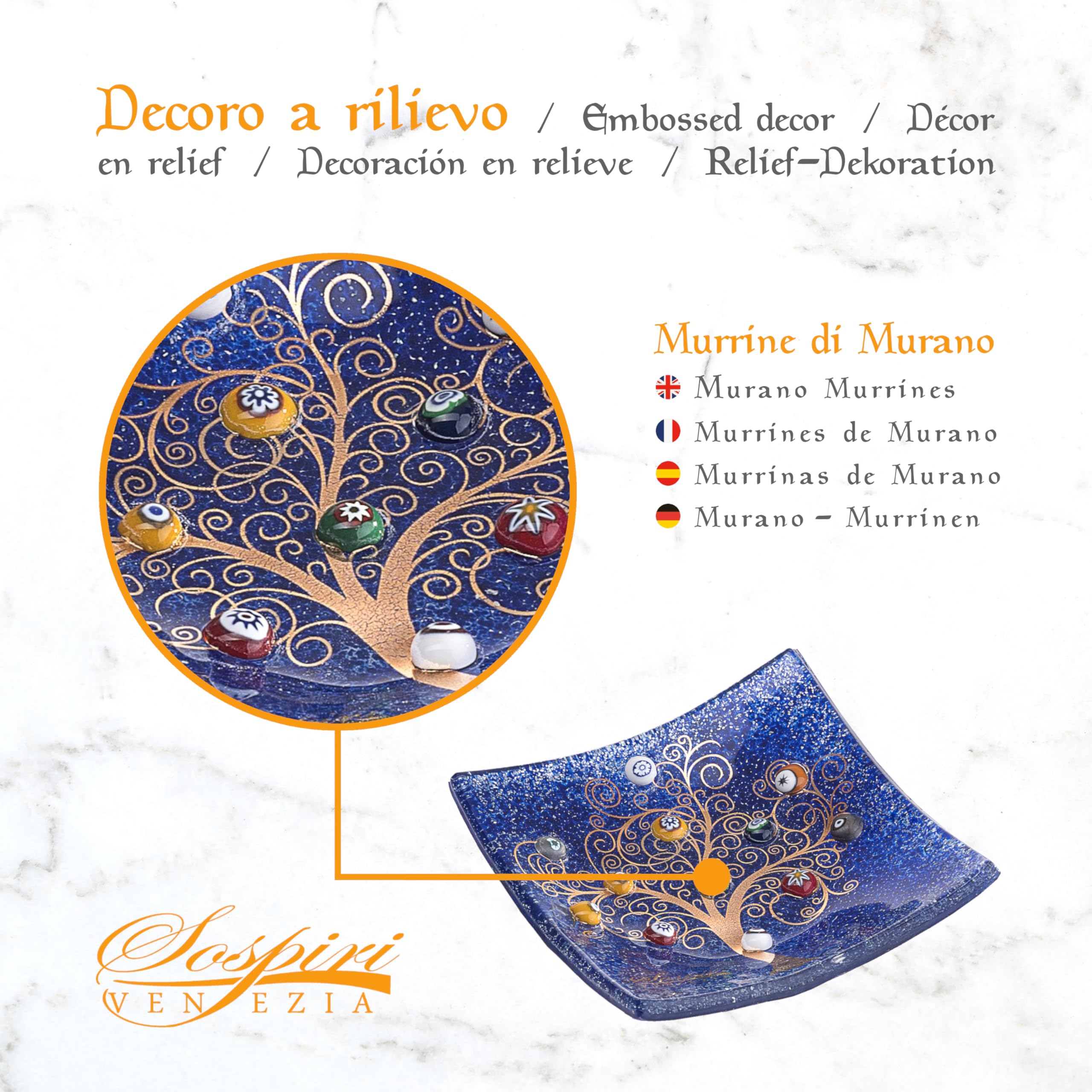 Sospiri Venezia Svuotatasche Albero della Vita in Vetro di Murano Murrine e Oro Idea Regalo Piatto Vassoio Decorativo Made Italy Portaoggetti Soprammobile Bomboniere Cerimonia 14x14 cm