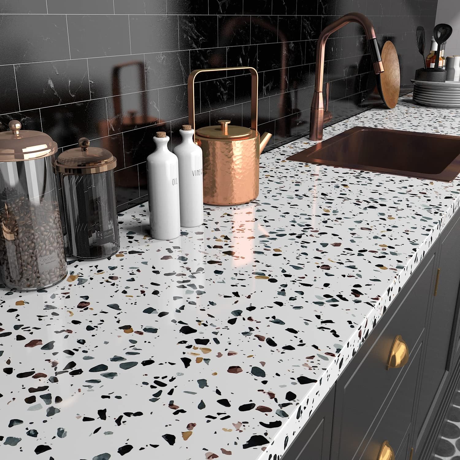 Ababoorty 15.8"x197" Granite Contact Paper White Terrazzo Contact Paper for Countertops Stone Terrazzo Textured Waterproof Vinyl Self Adhesive Wallpaper for Kitchen Backsplash Island Cabinets