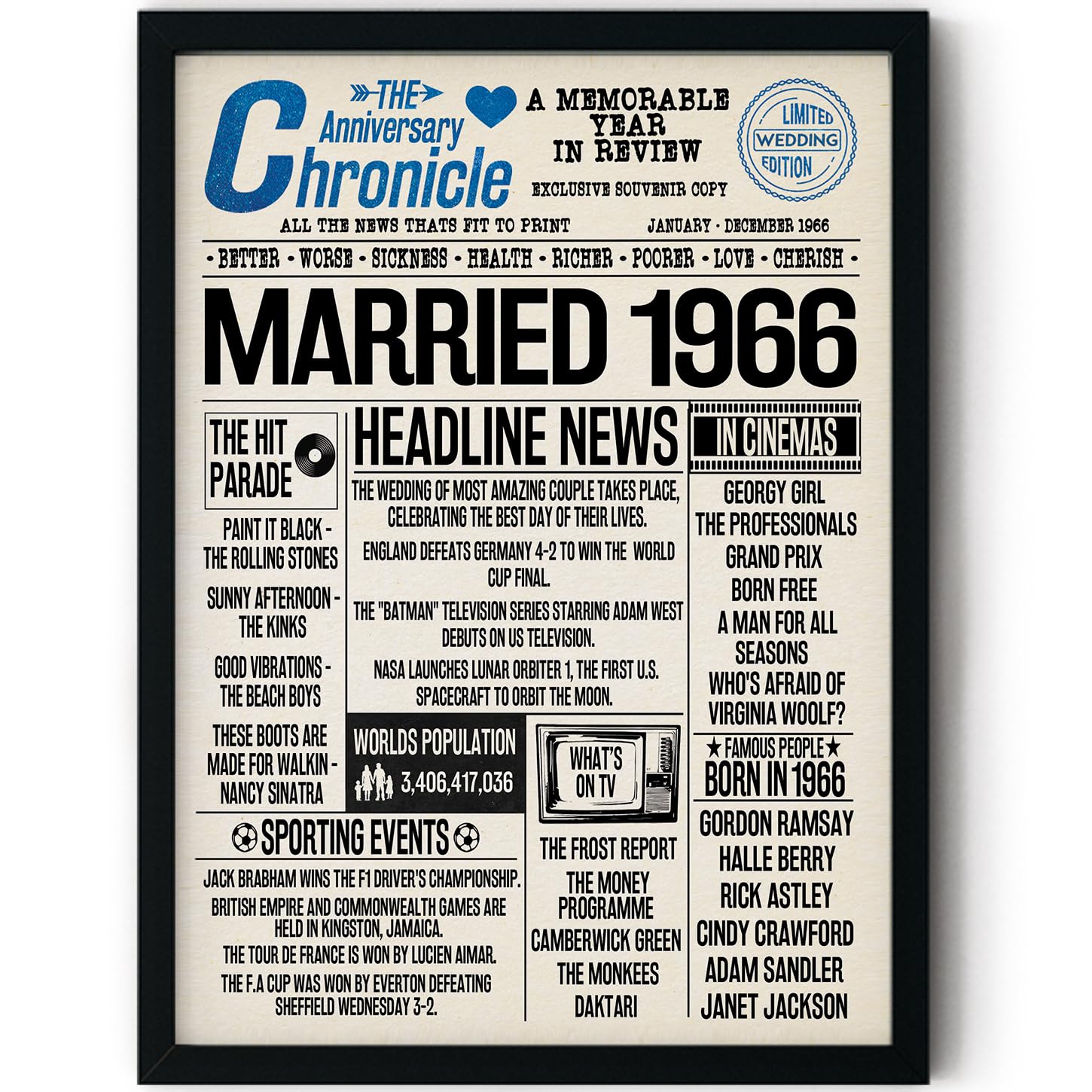 Stuff4 60th Anniversary Poster Framed - Married In 1966 Newspaper - Happy 60th Wedding Anniversary for Men Women Vintage Gifts Retro Back In 1966, 8x10 Inch Anniversaries Posters